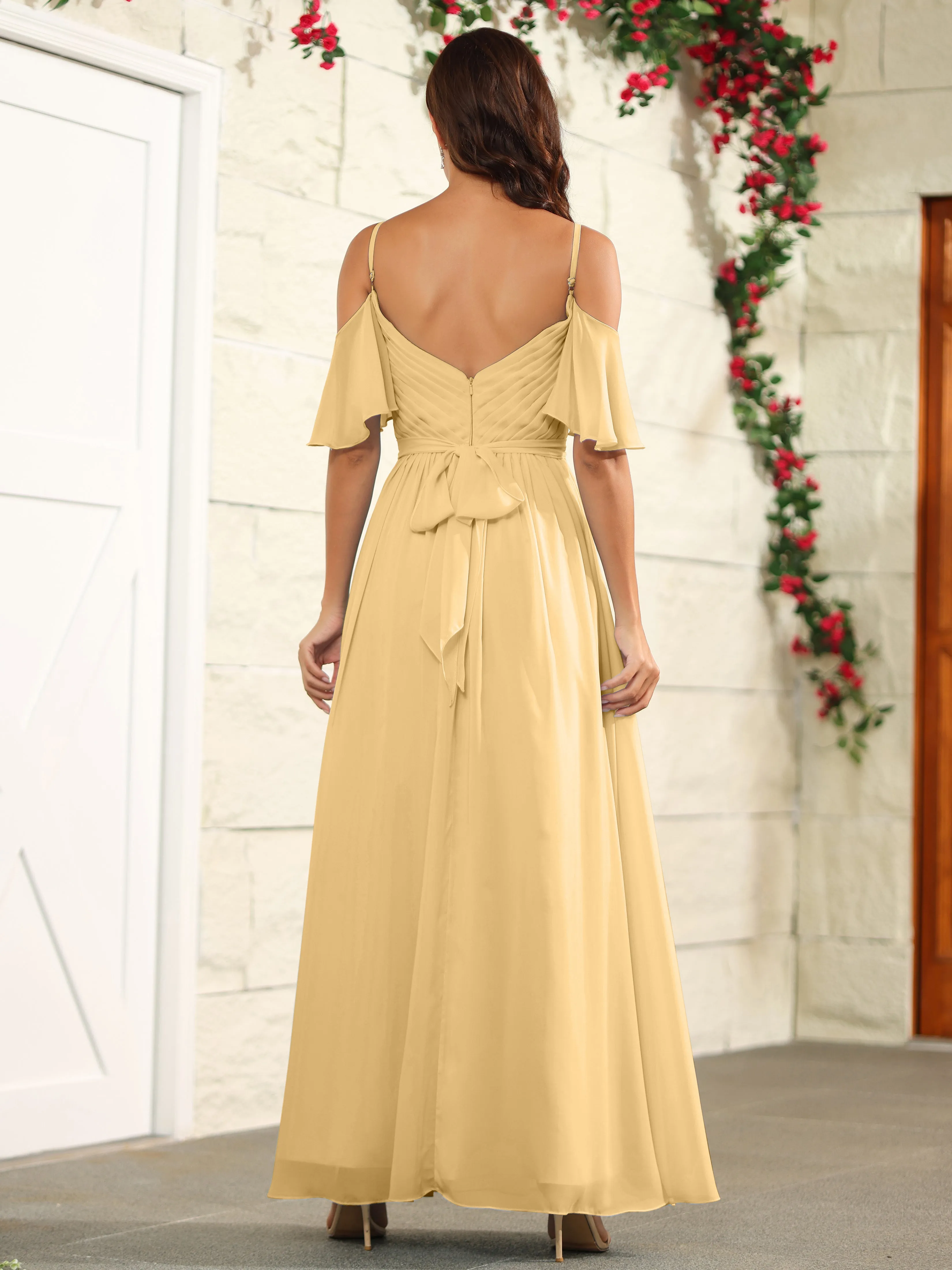 A Line Off The Shoulder Chiffon Long Bridesmaid Dress with Slit