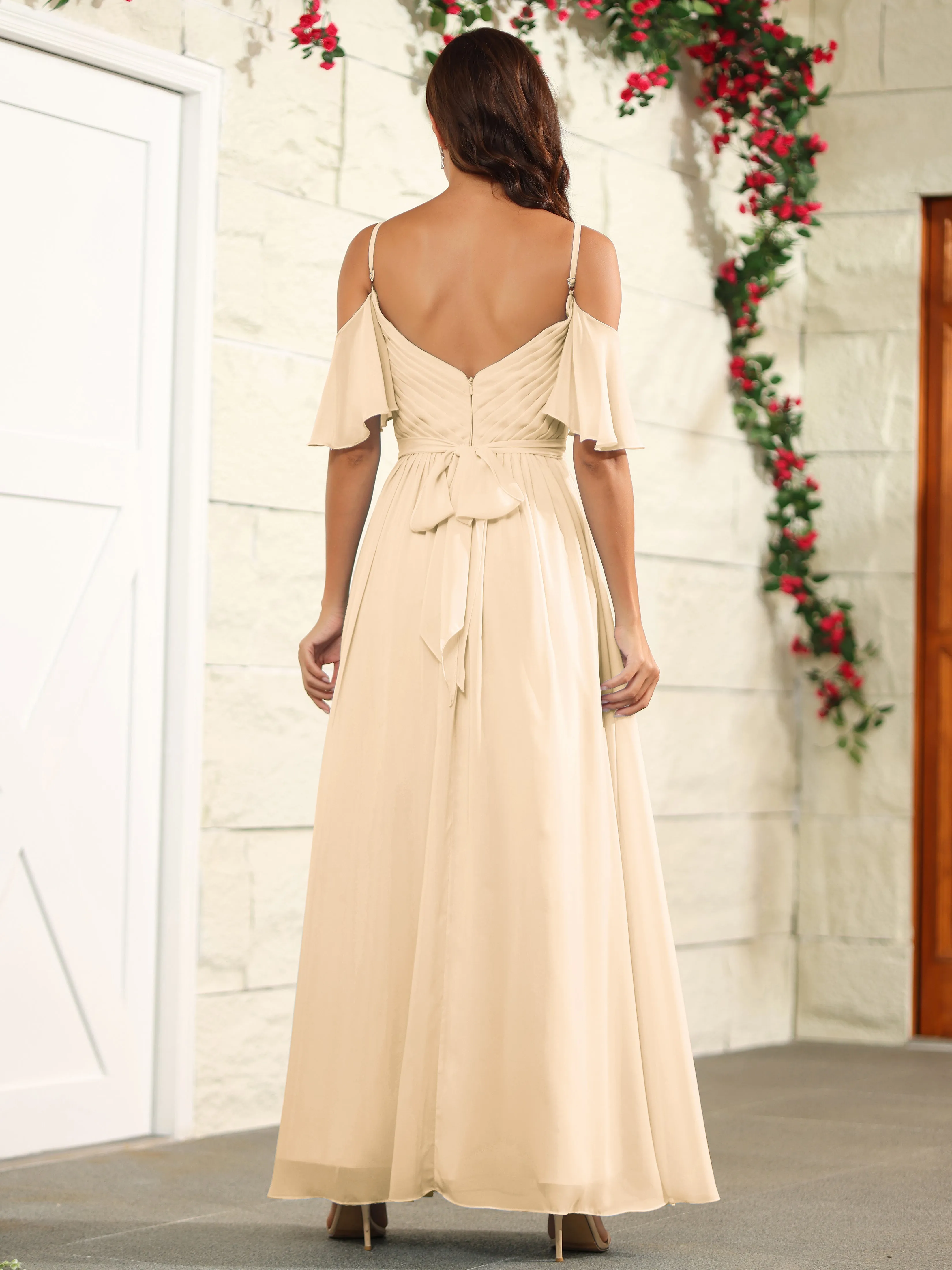 A Line Off The Shoulder Chiffon Long Bridesmaid Dress with Slit