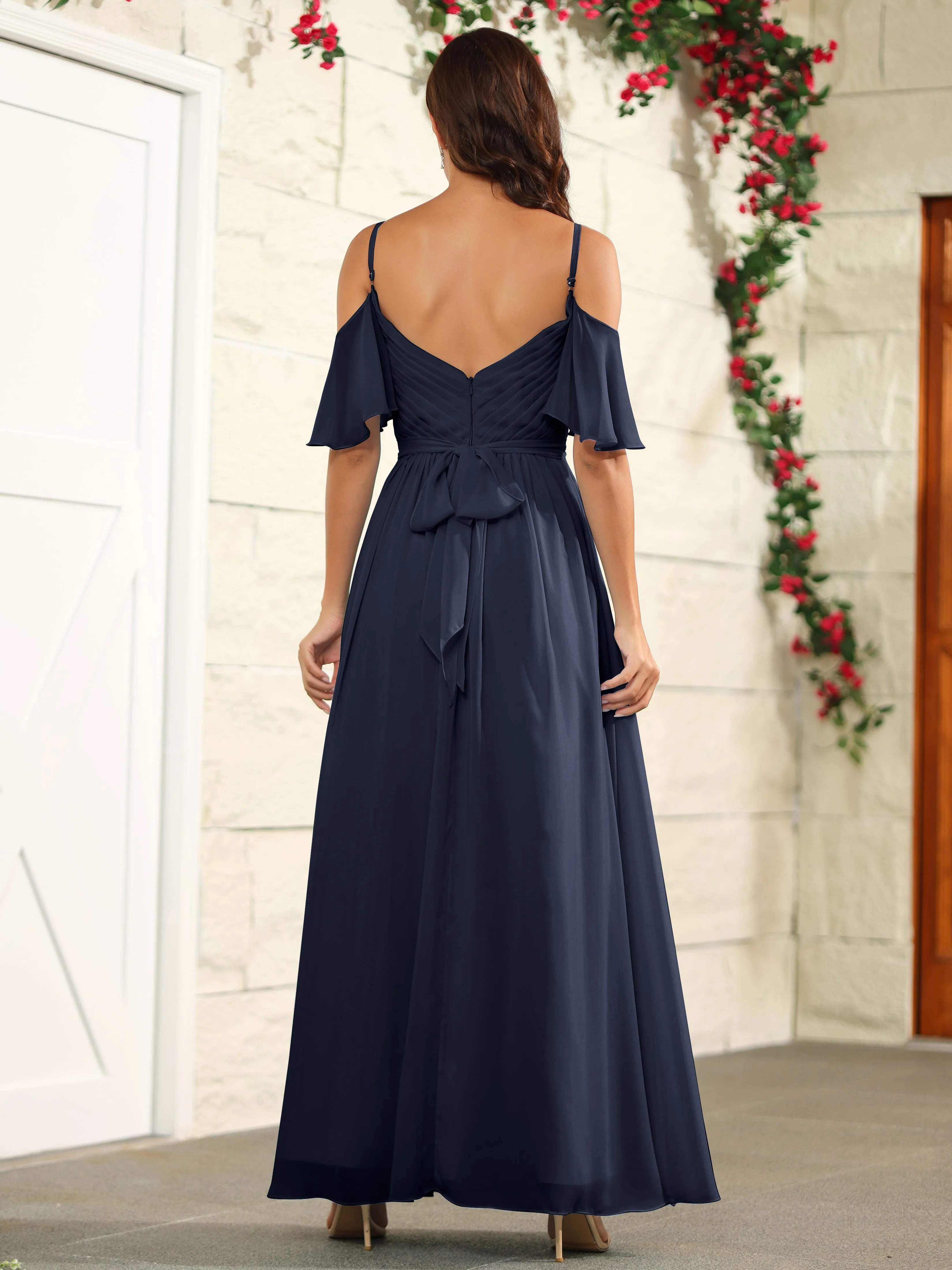 A Line Off The Shoulder Chiffon Long Bridesmaid Dress with Slit