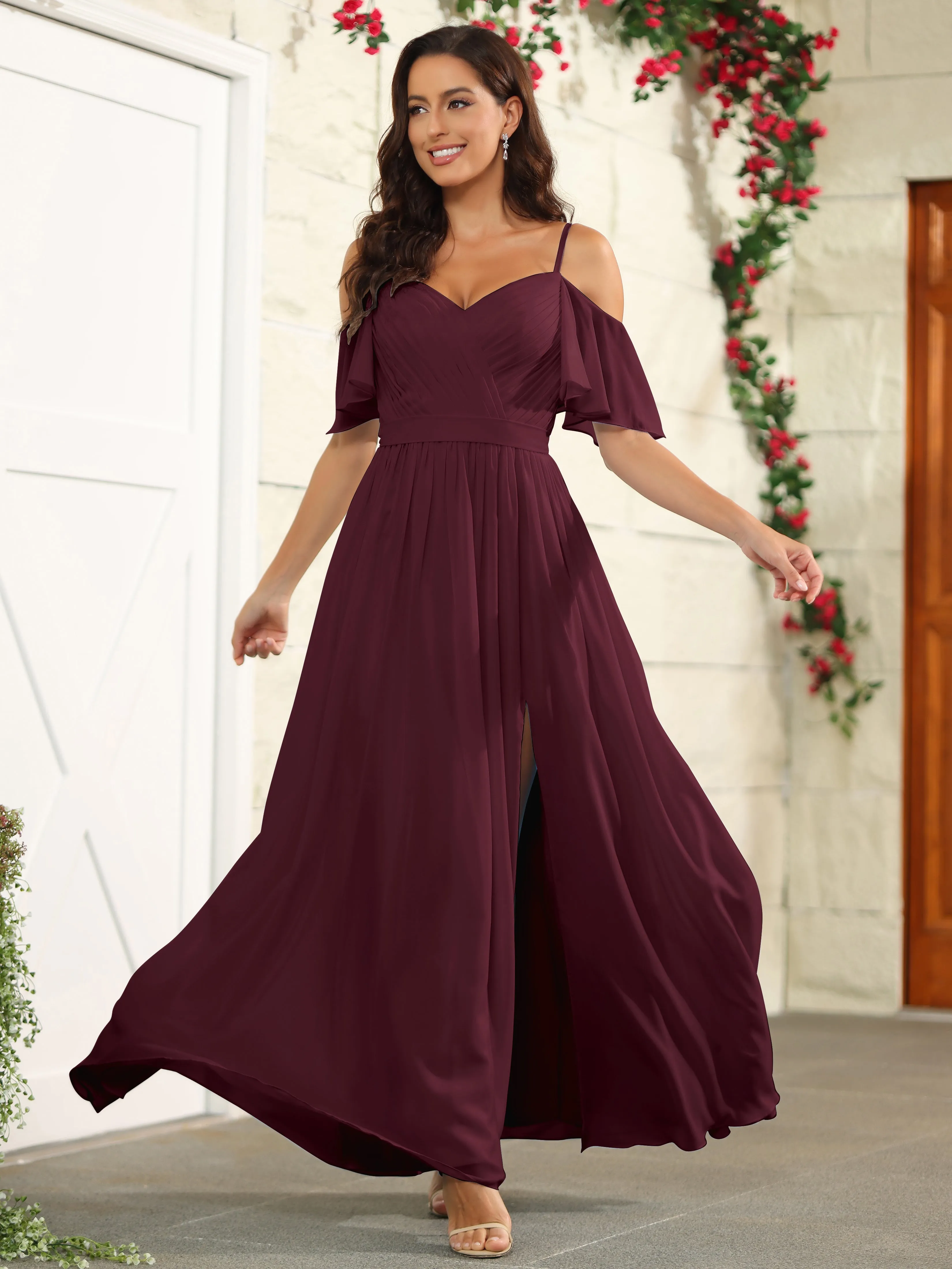 A Line Off The Shoulder Chiffon Long Bridesmaid Dress with Slit