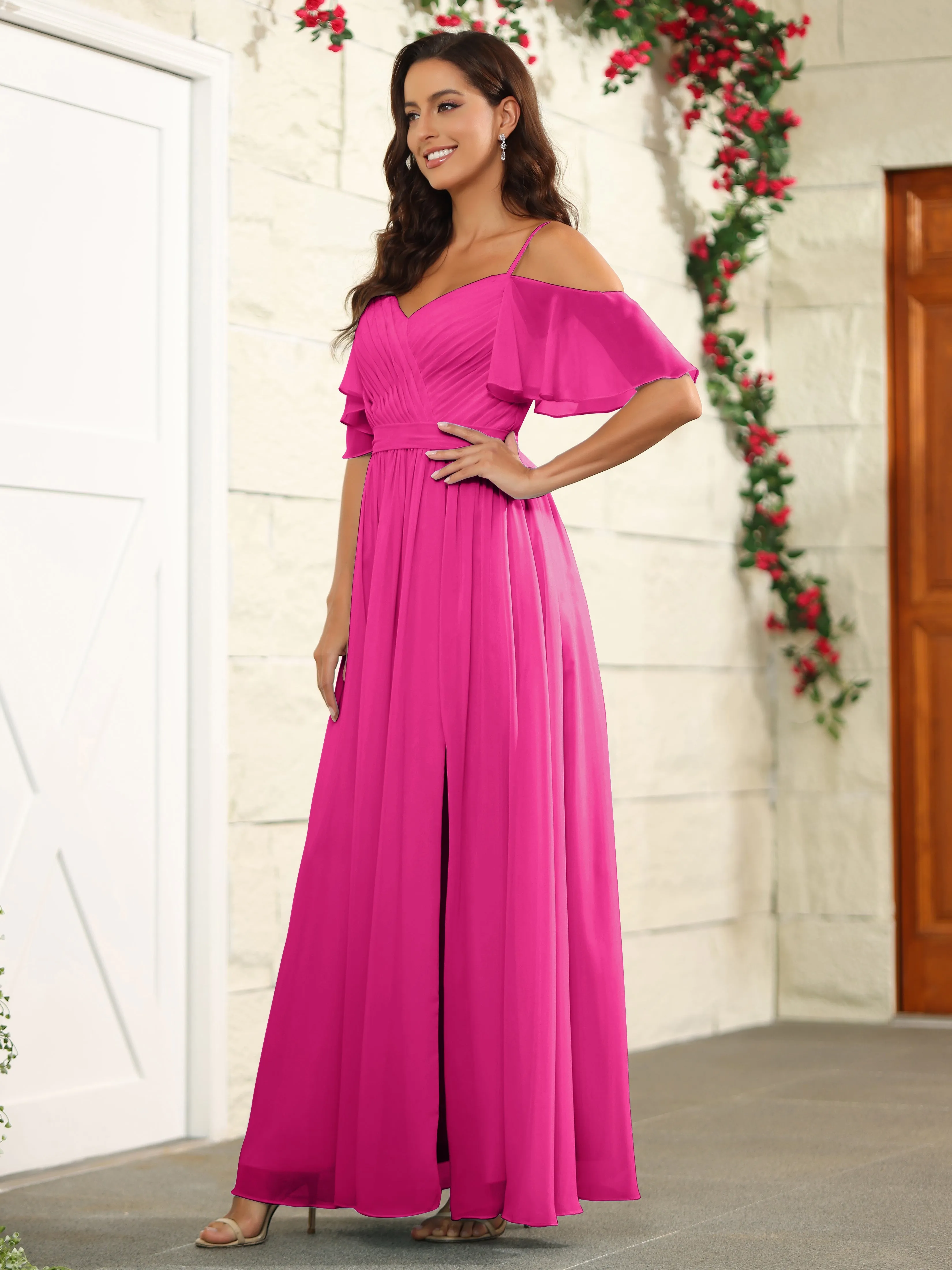 A Line Off The Shoulder Chiffon Long Bridesmaid Dress with Slit