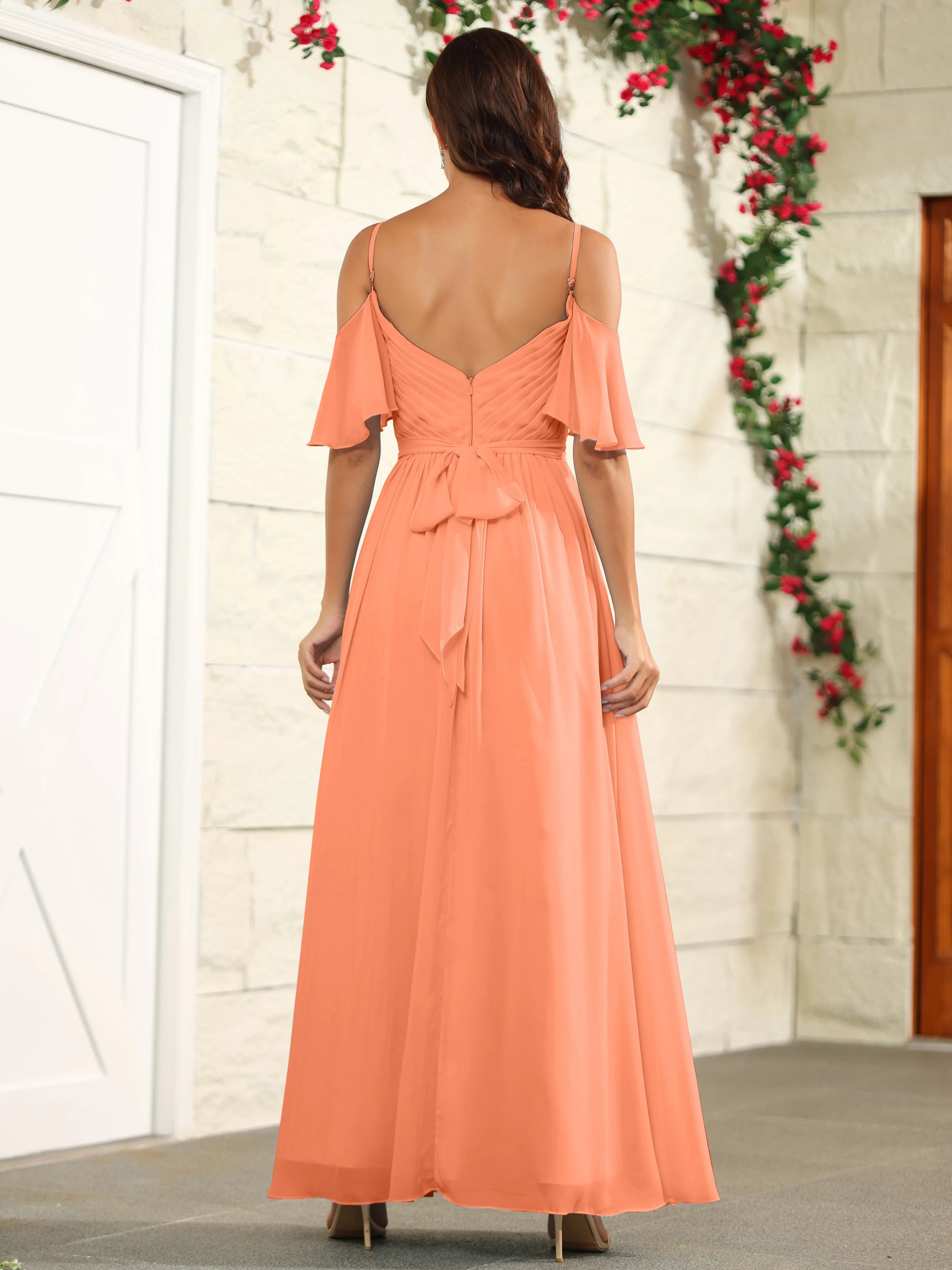 A Line Off The Shoulder Chiffon Long Bridesmaid Dress with Slit