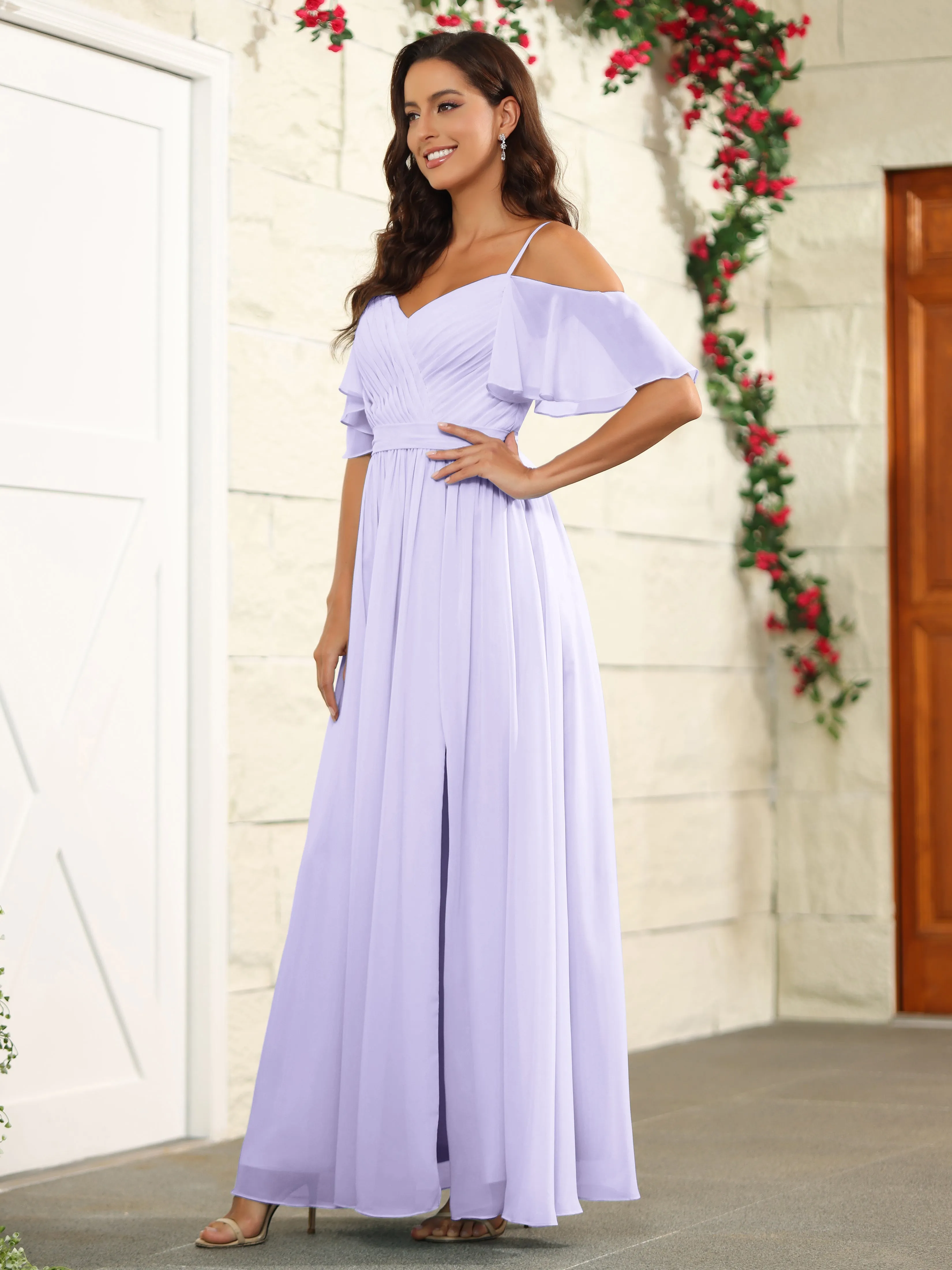 A Line Off The Shoulder Chiffon Long Bridesmaid Dress with Slit