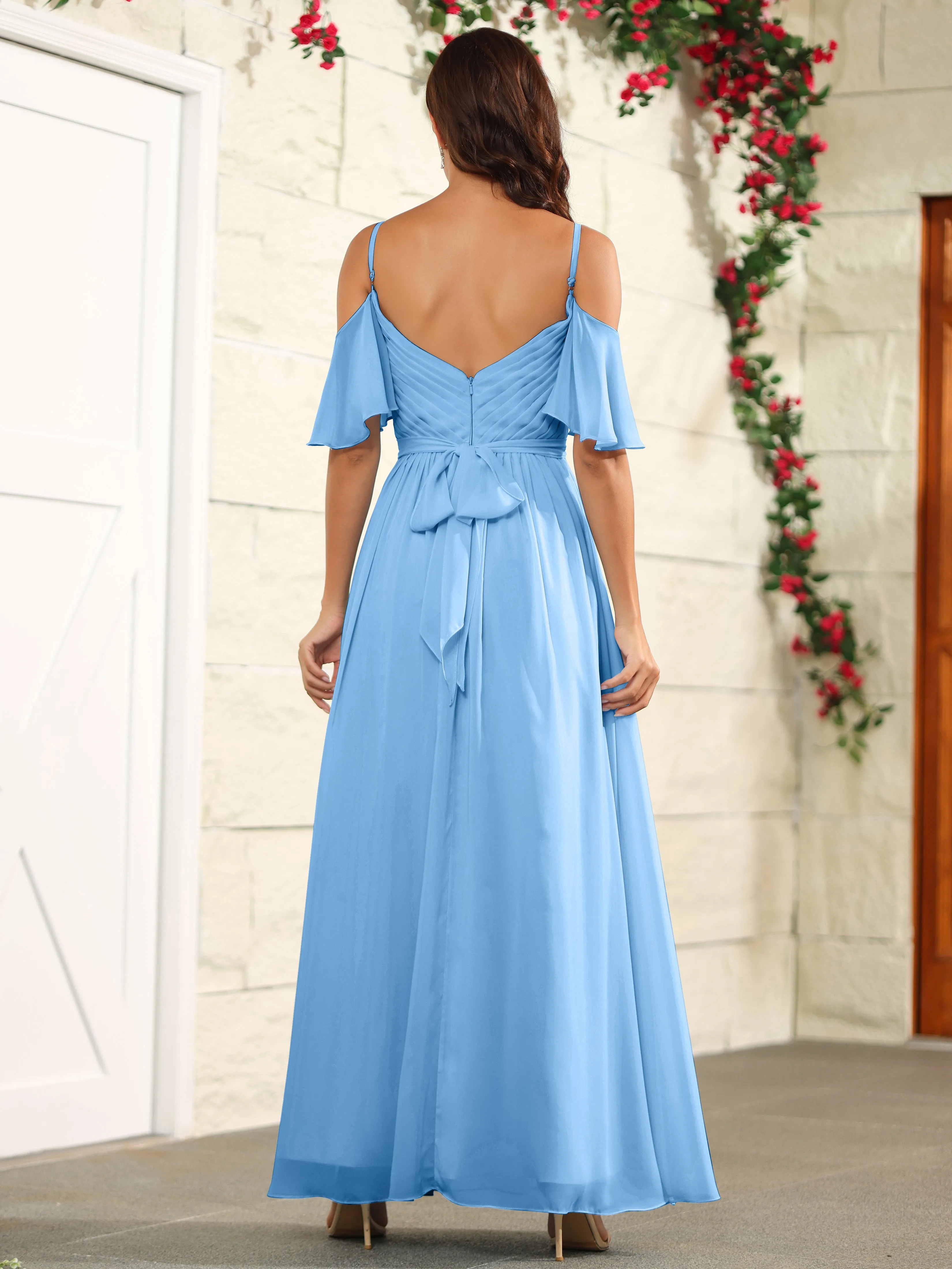 A Line Off The Shoulder Chiffon Long Bridesmaid Dress with Slit