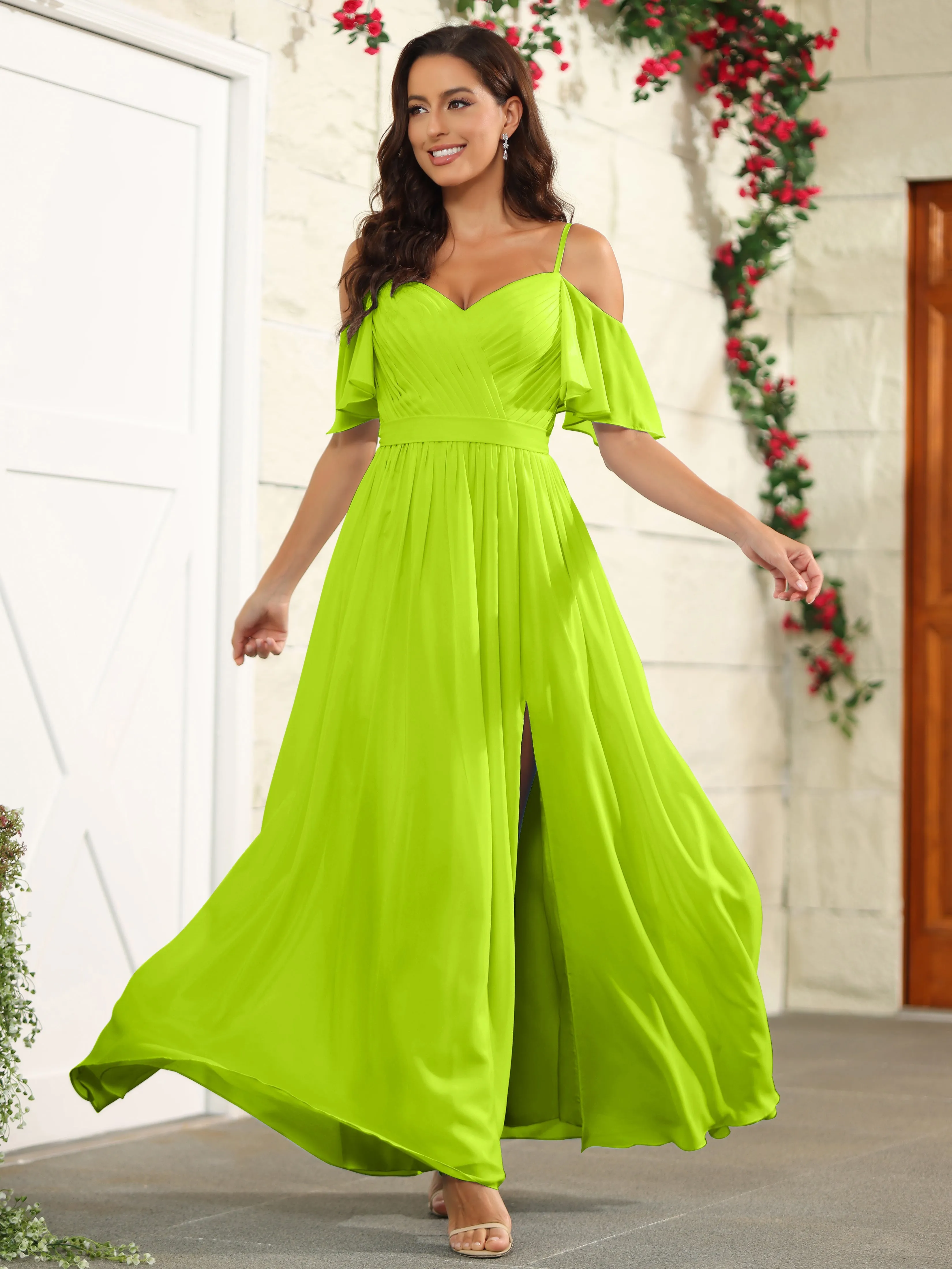 A Line Off The Shoulder Chiffon Long Bridesmaid Dress with Slit