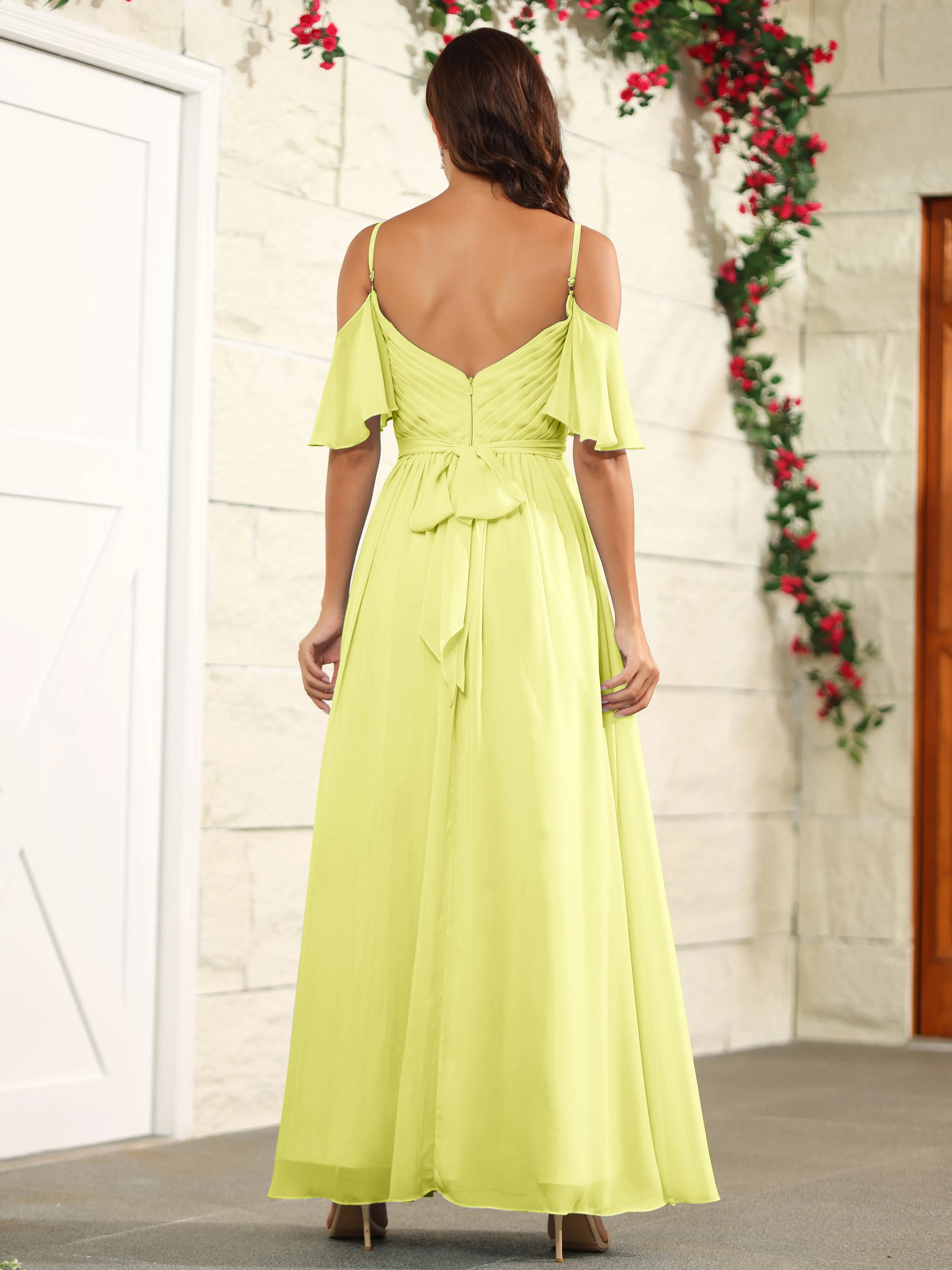 A Line Off The Shoulder Chiffon Long Bridesmaid Dress with Slit