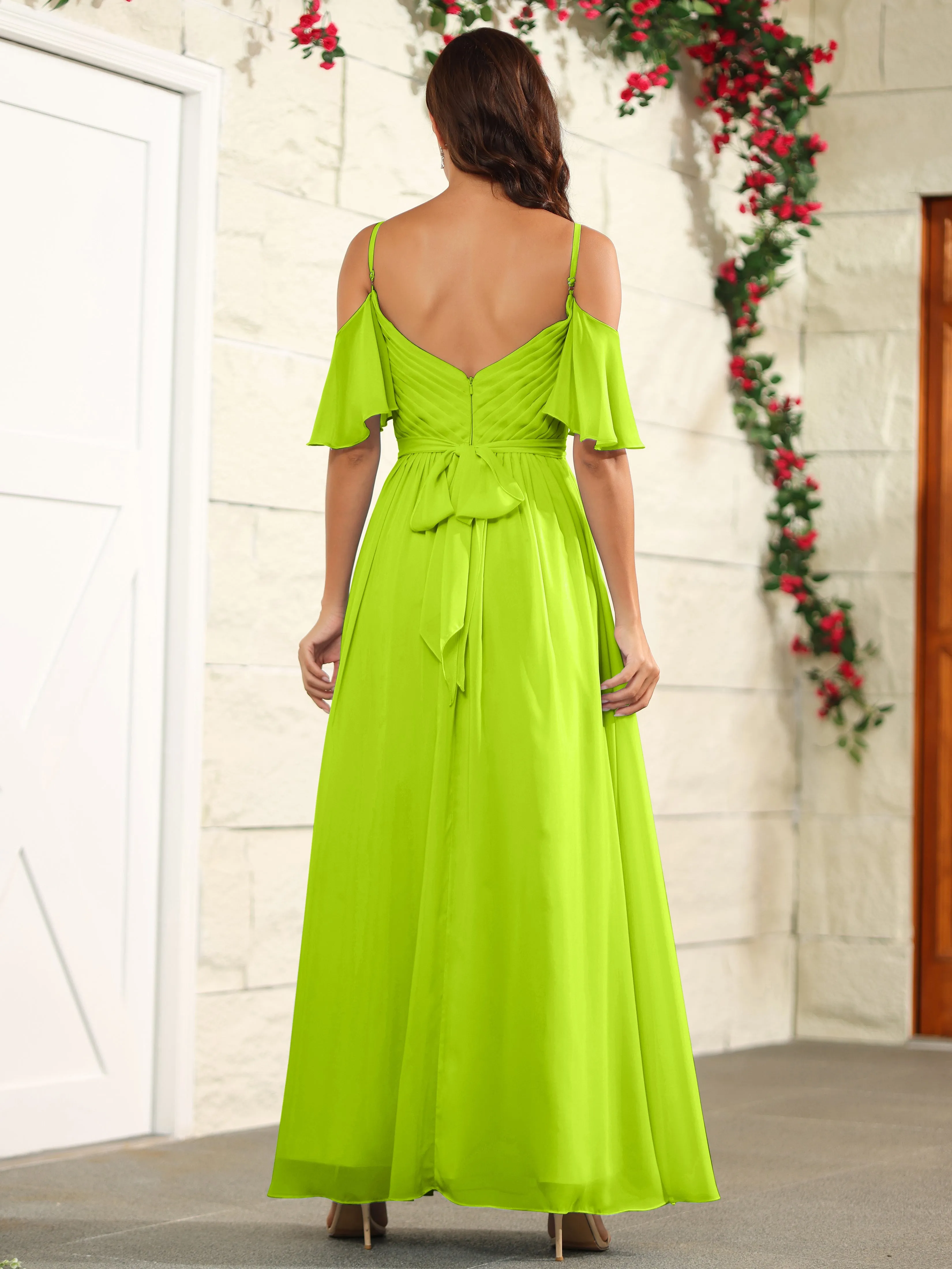 A Line Off The Shoulder Chiffon Long Bridesmaid Dress with Slit