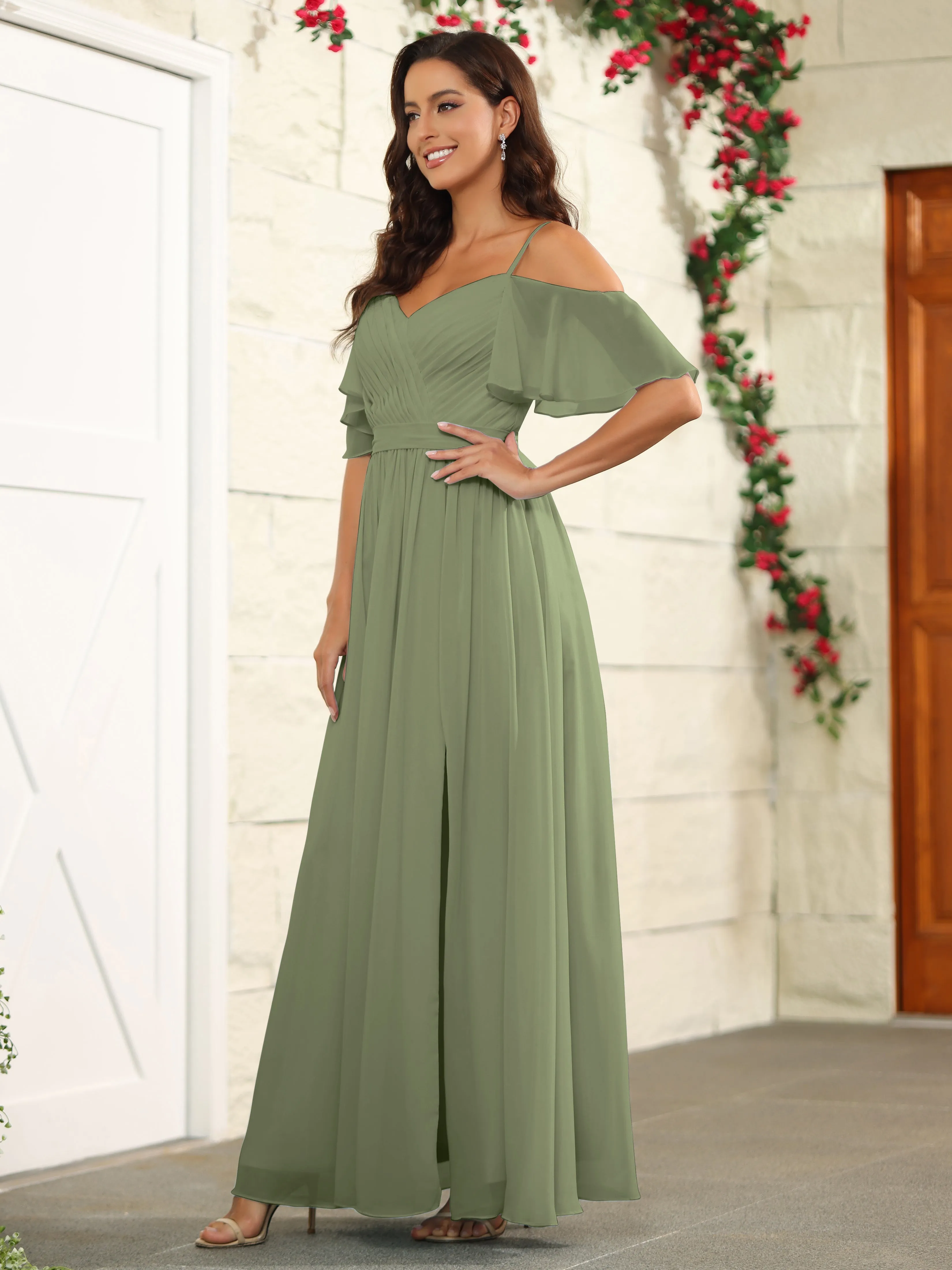 A Line Off The Shoulder Chiffon Long Bridesmaid Dress with Slit