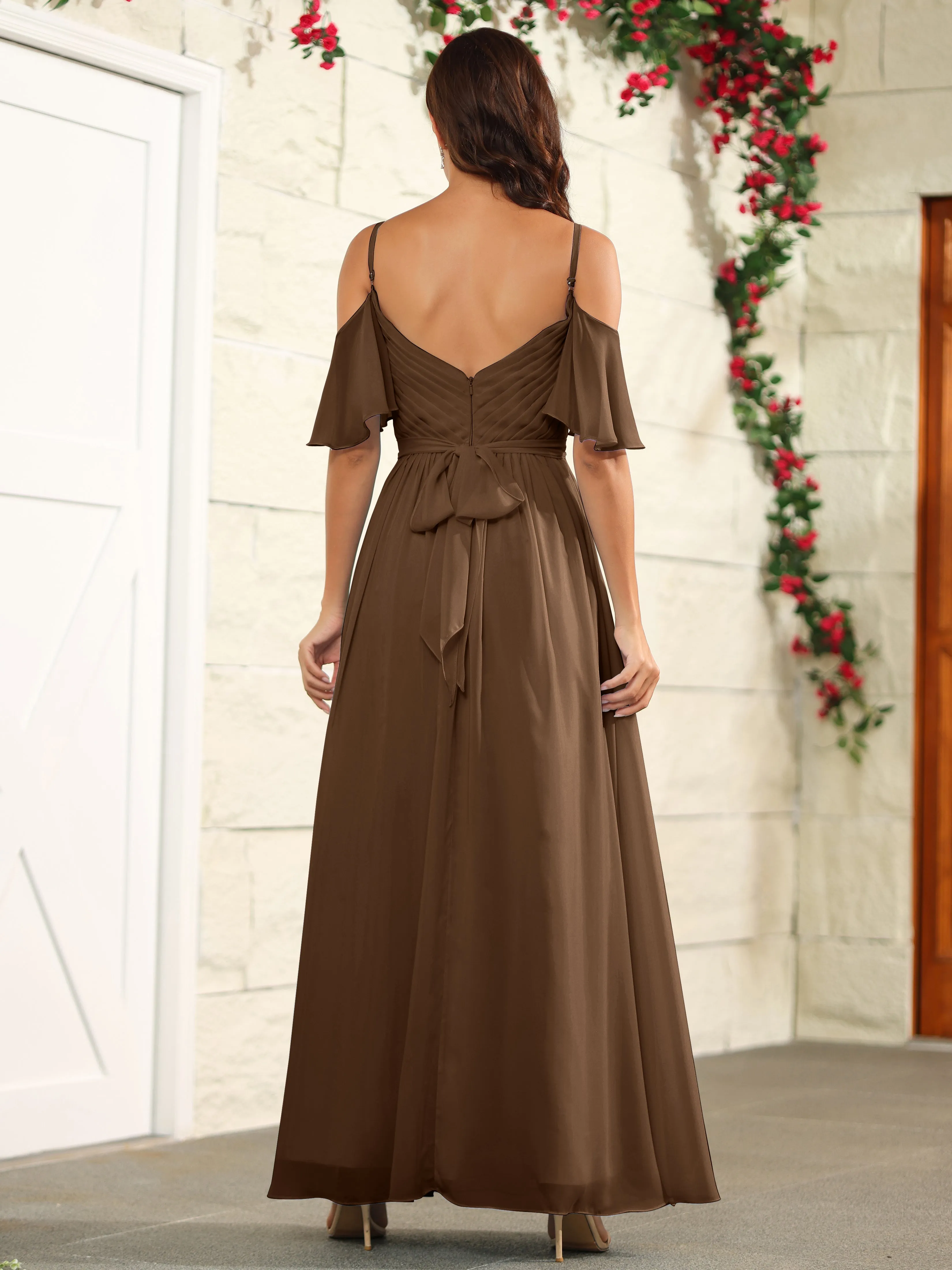A Line Off The Shoulder Chiffon Long Bridesmaid Dress with Slit