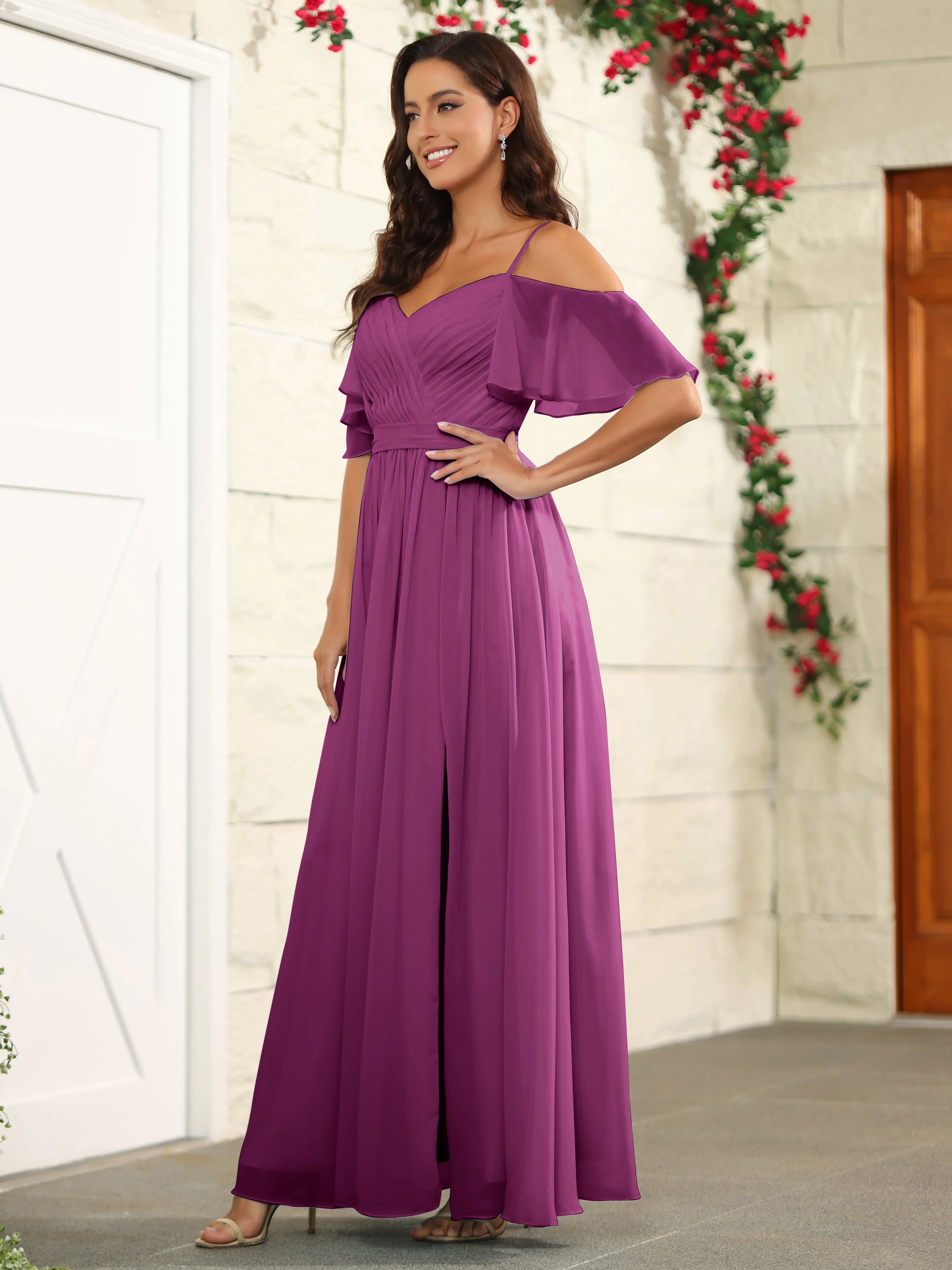 A Line Off The Shoulder Chiffon Long Bridesmaid Dress with Slit