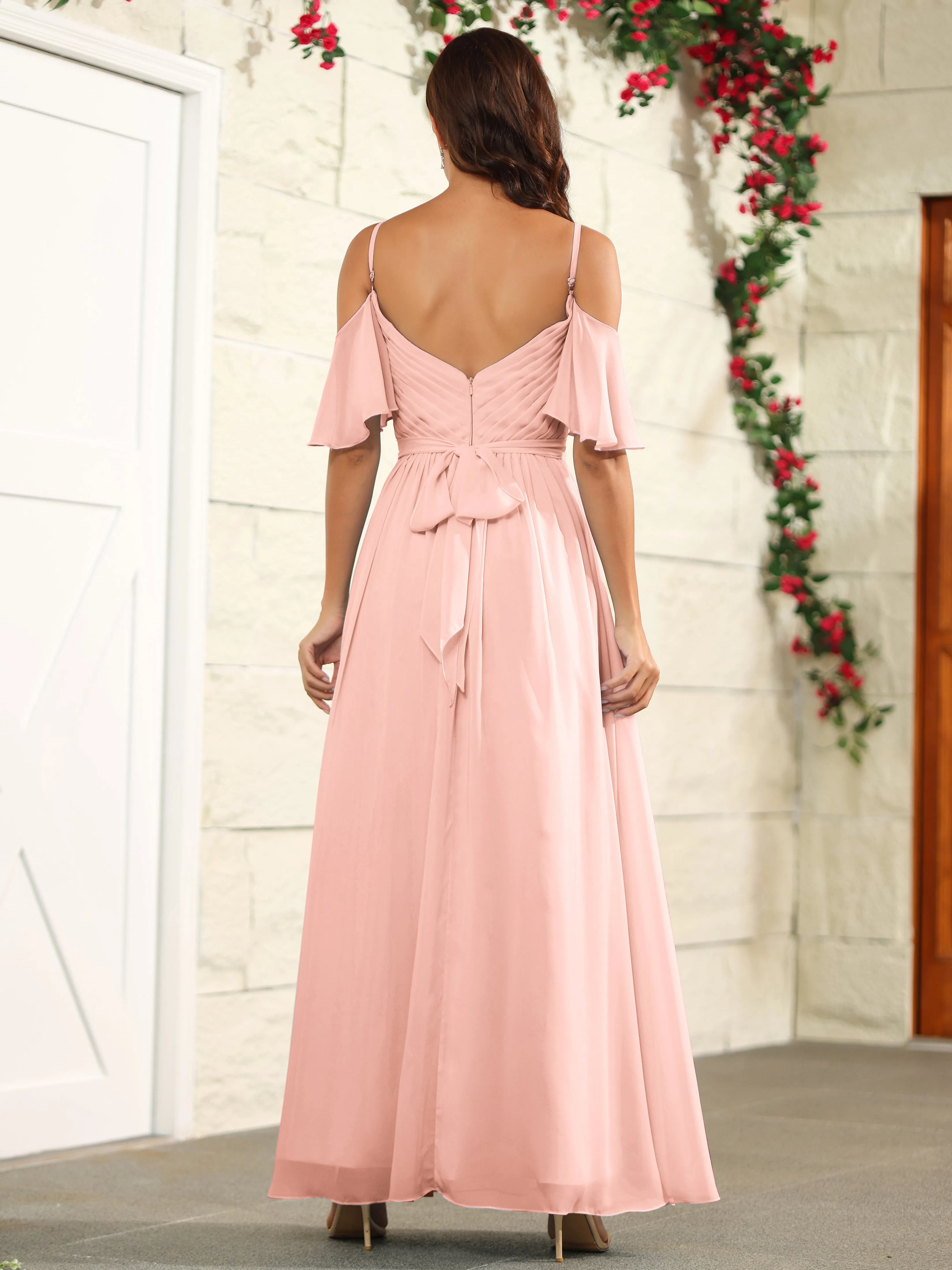 A Line Off The Shoulder Chiffon Long Bridesmaid Dress with Slit