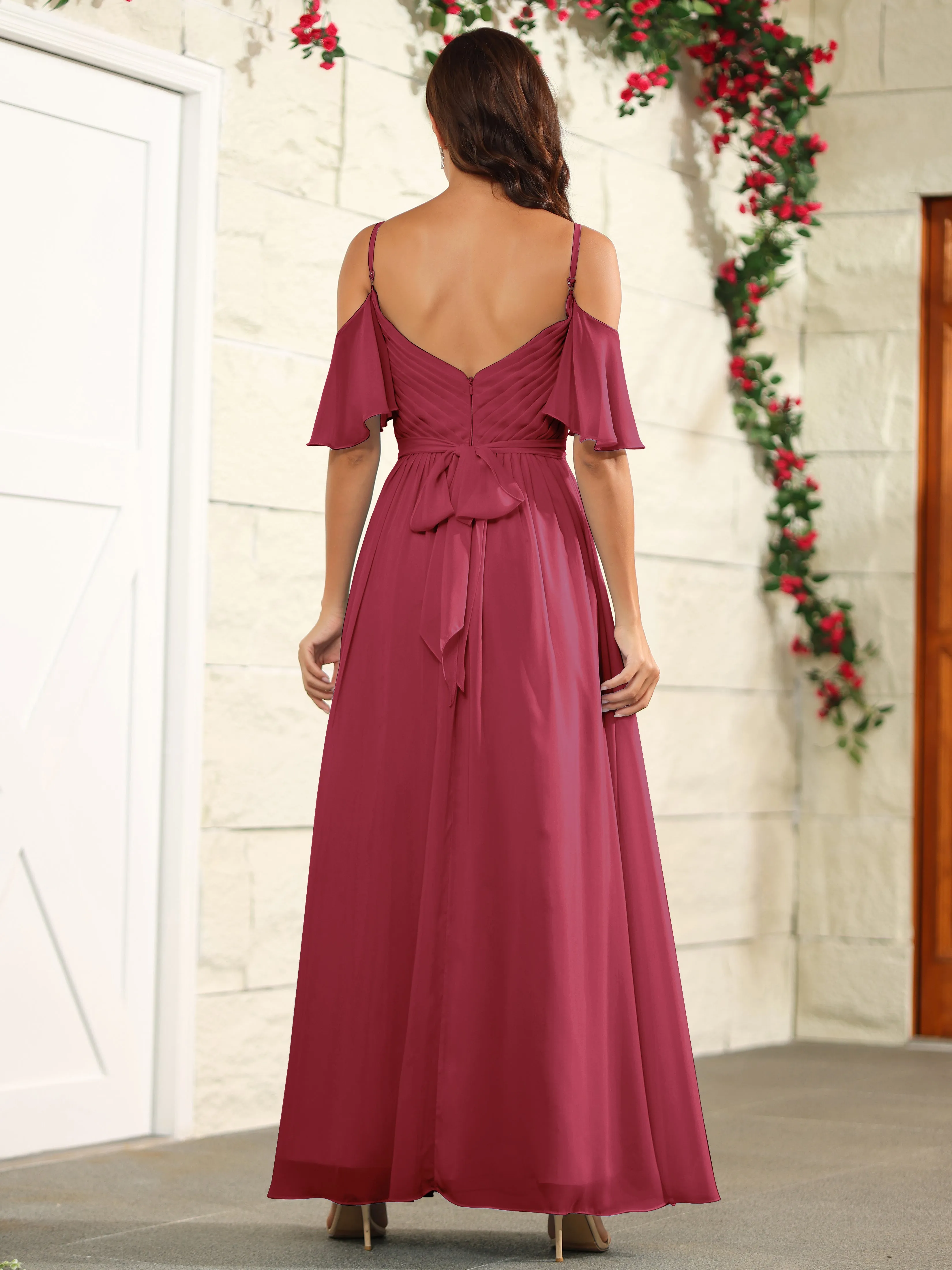 A Line Off The Shoulder Chiffon Long Bridesmaid Dress with Slit