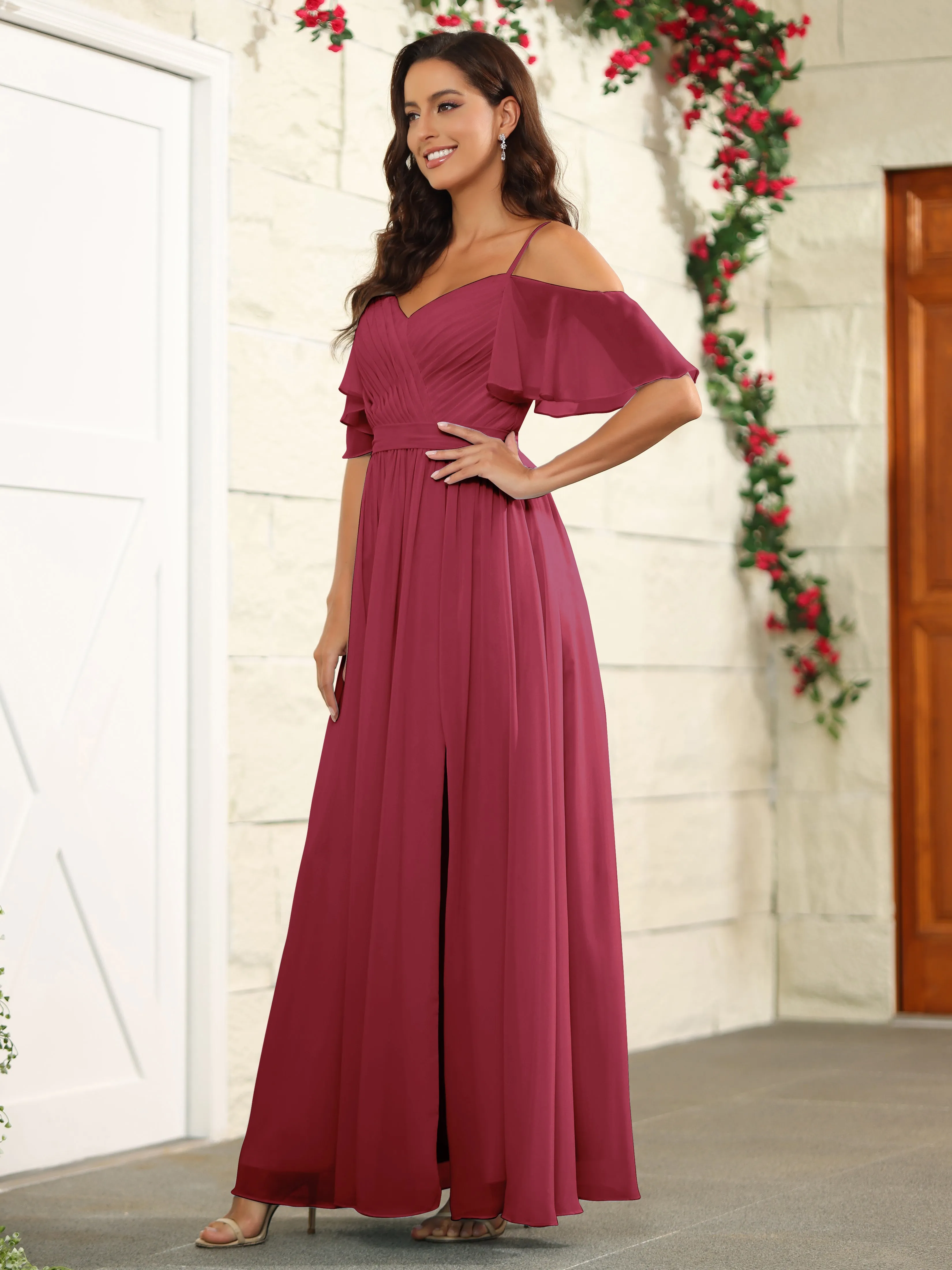 A Line Off The Shoulder Chiffon Long Bridesmaid Dress with Slit