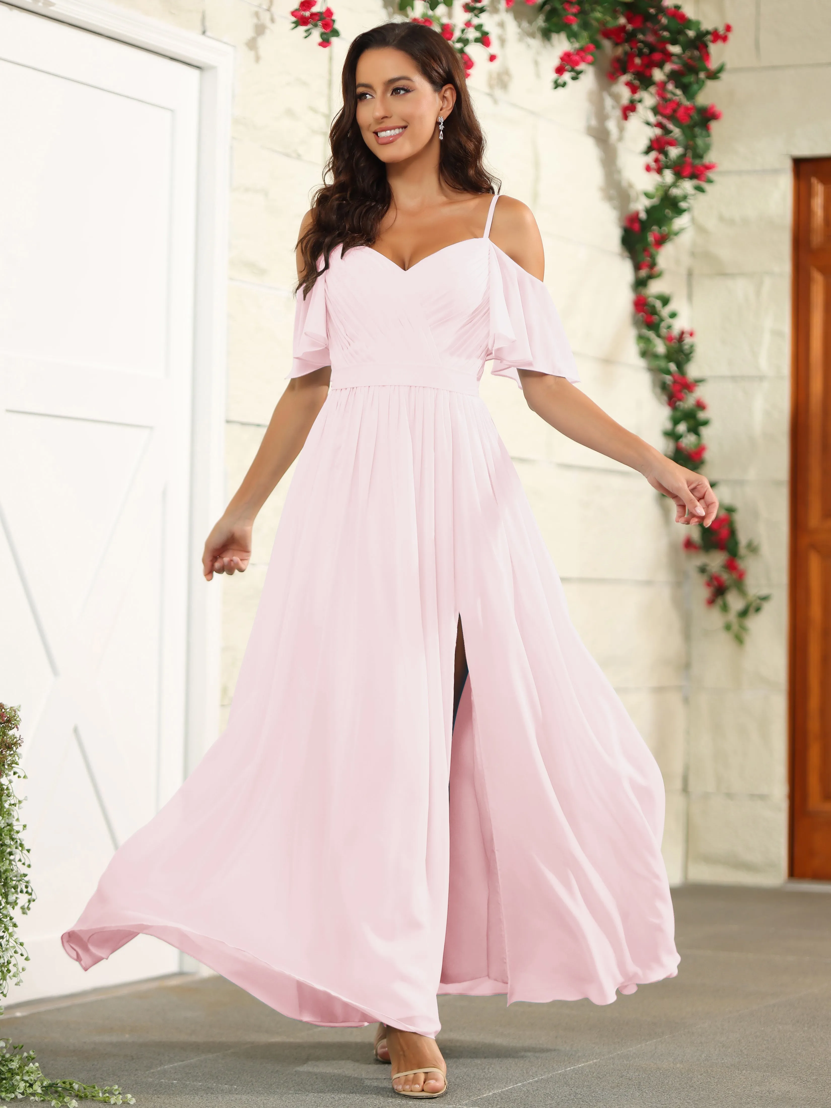 A Line Off The Shoulder Chiffon Long Bridesmaid Dress with Slit