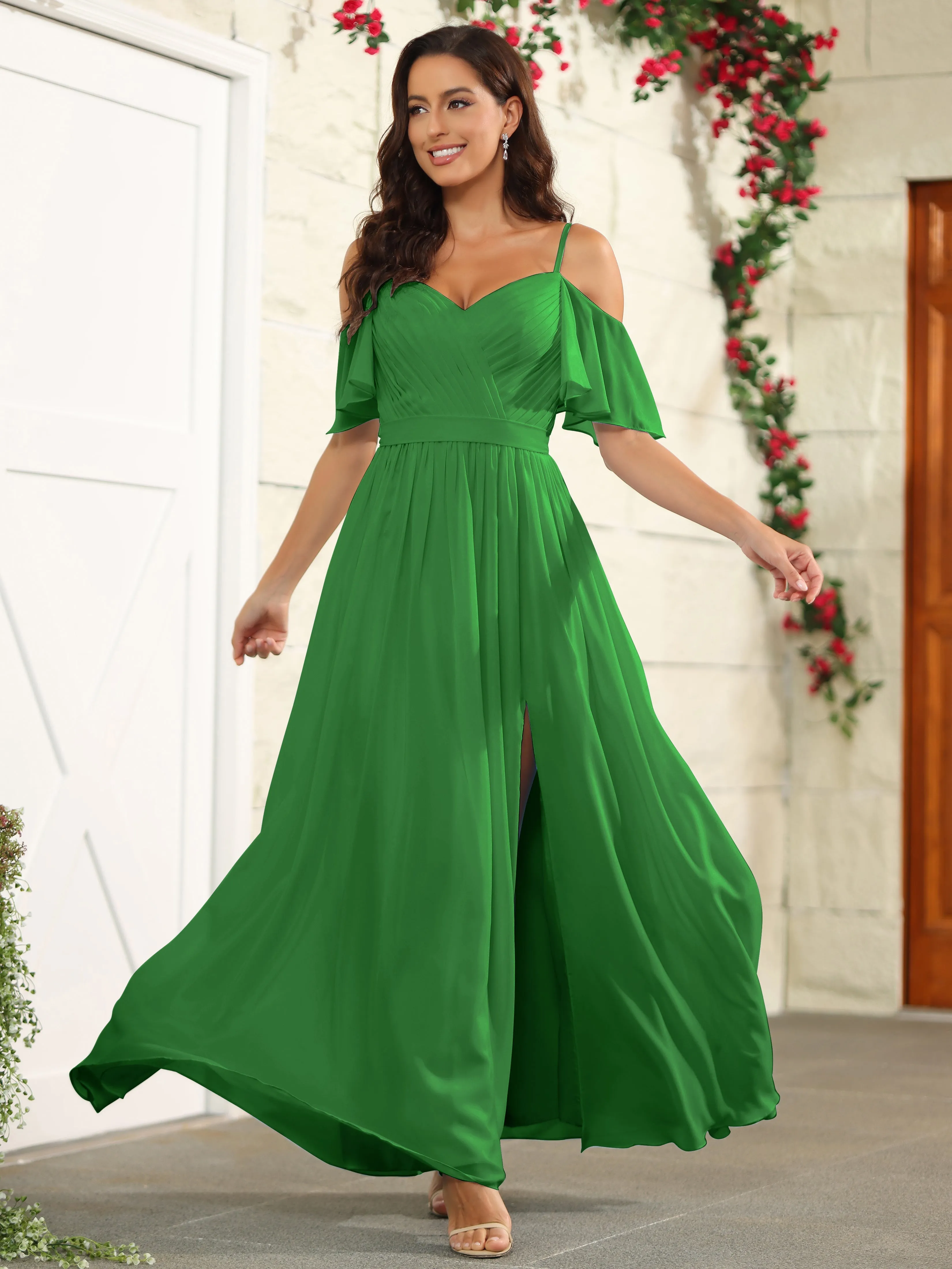 A Line Off The Shoulder Chiffon Long Bridesmaid Dress with Slit