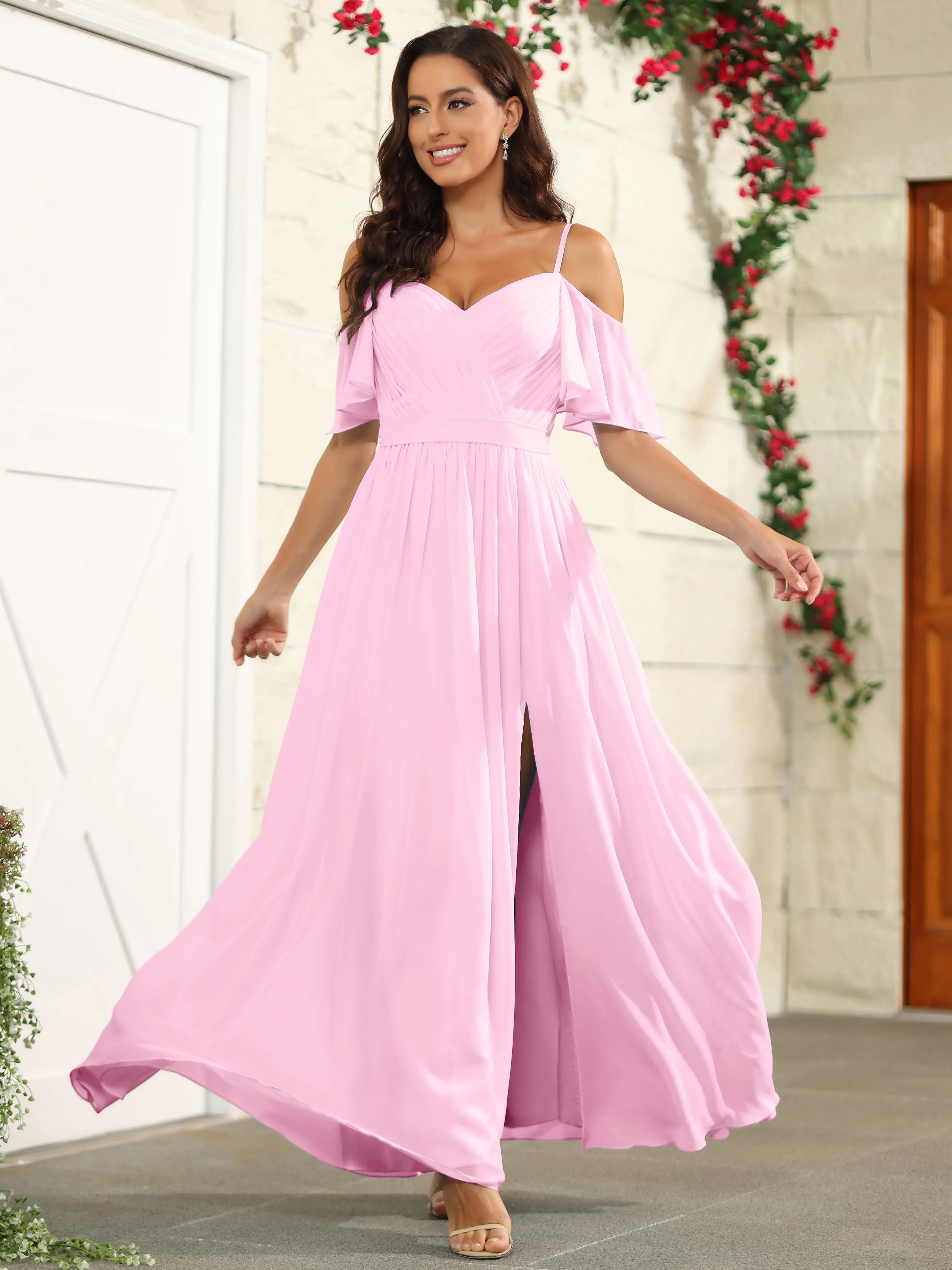 A Line Off The Shoulder Chiffon Long Bridesmaid Dress with Slit