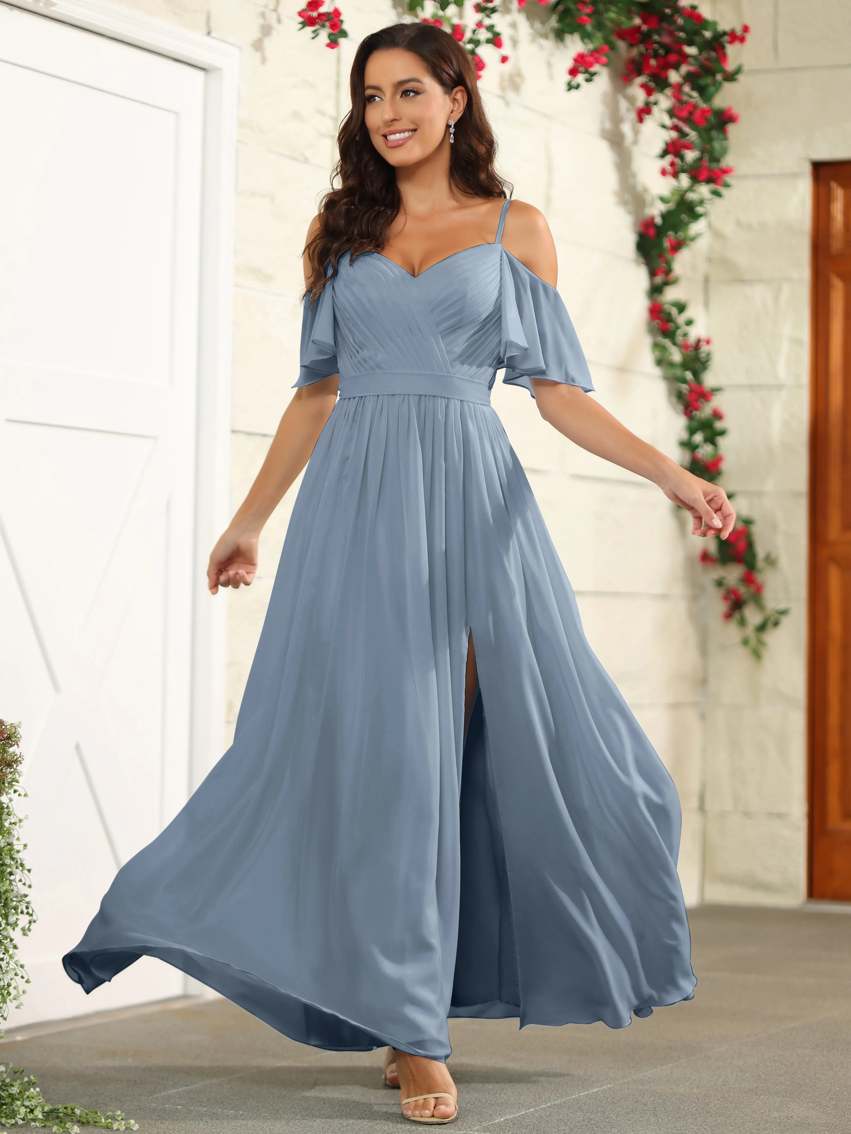 A Line Off The Shoulder Chiffon Long Bridesmaid Dress with Slit