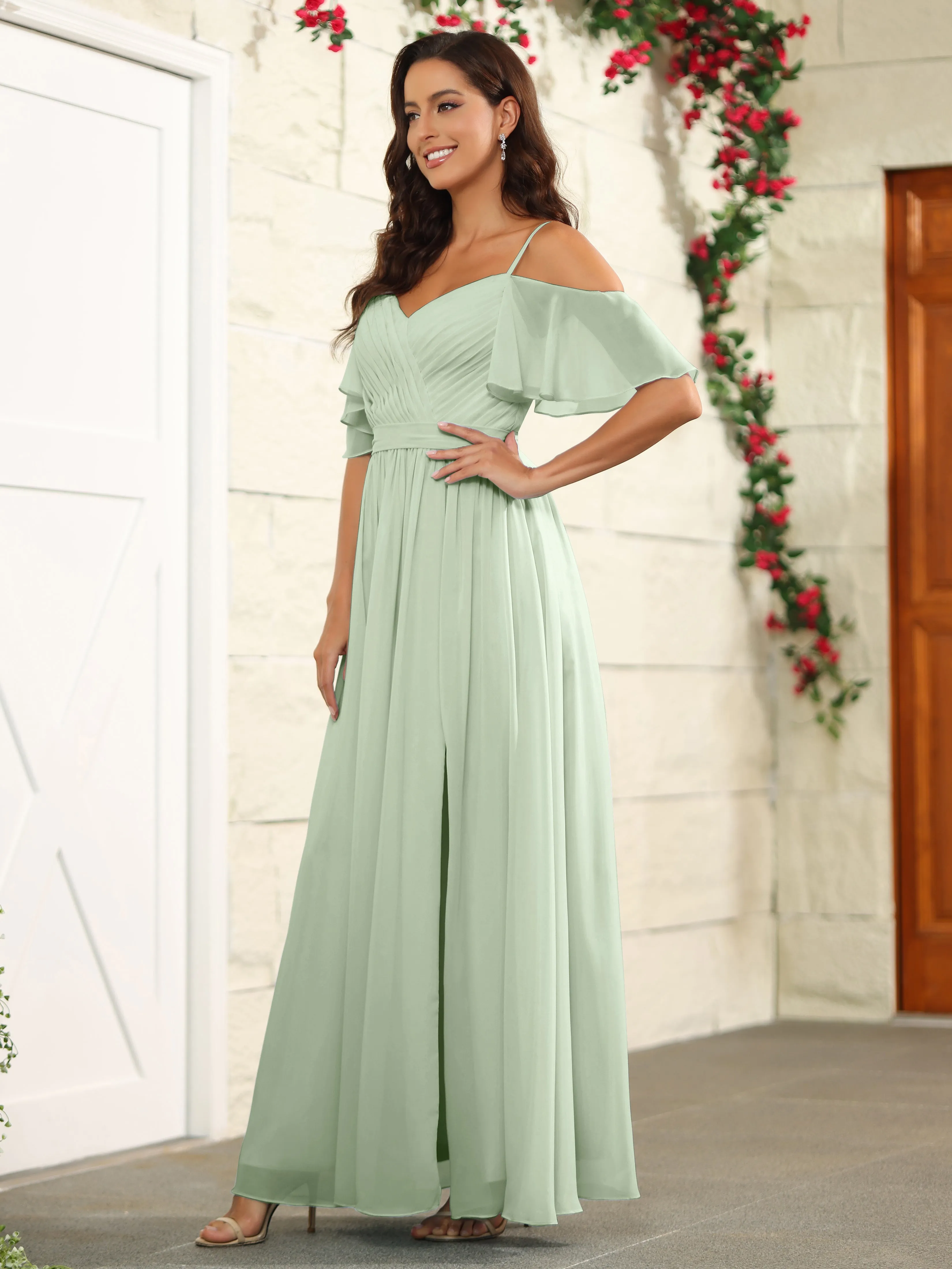 A Line Off The Shoulder Chiffon Long Bridesmaid Dress with Slit