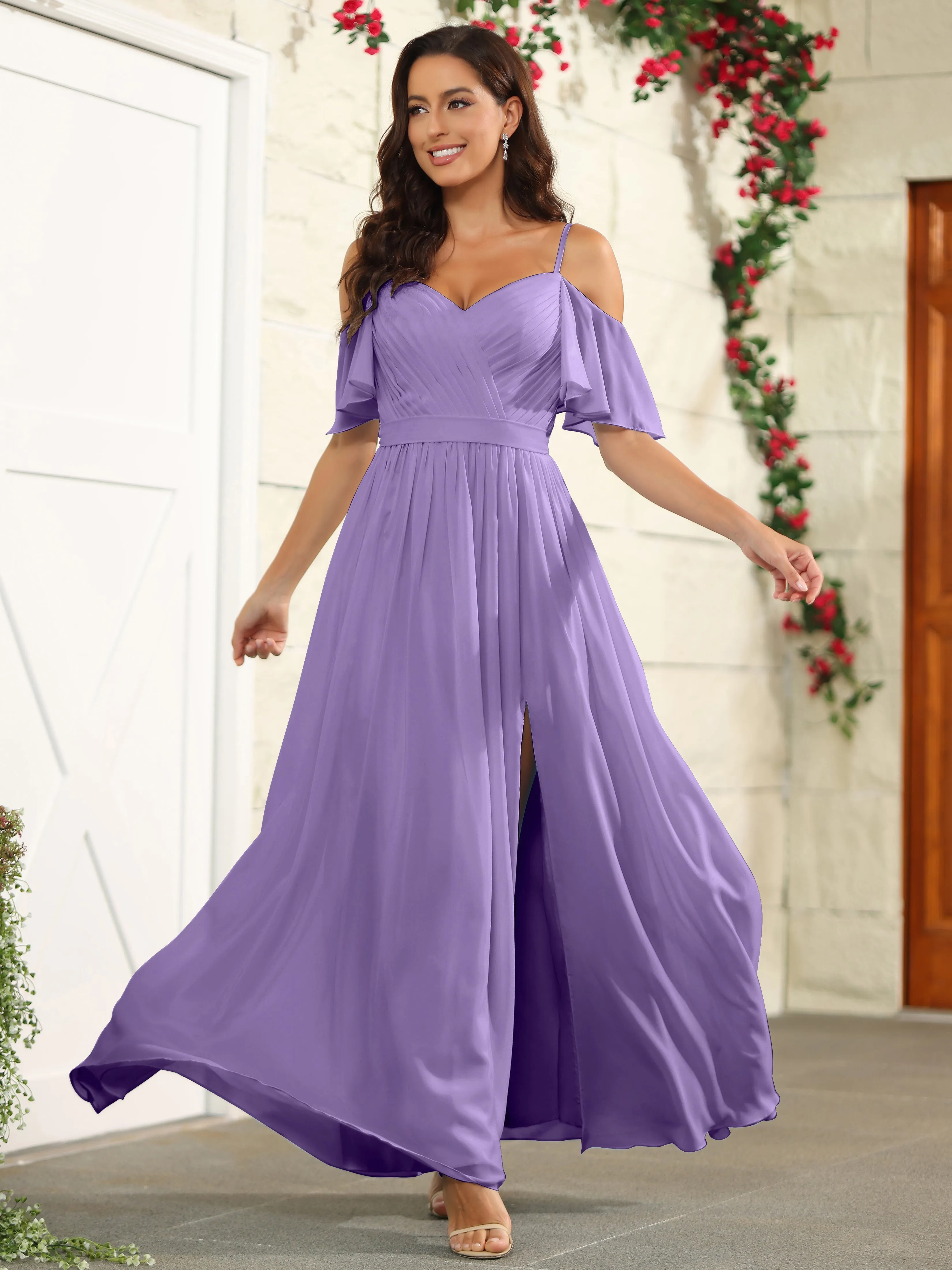 A Line Off The Shoulder Chiffon Long Bridesmaid Dress with Slit