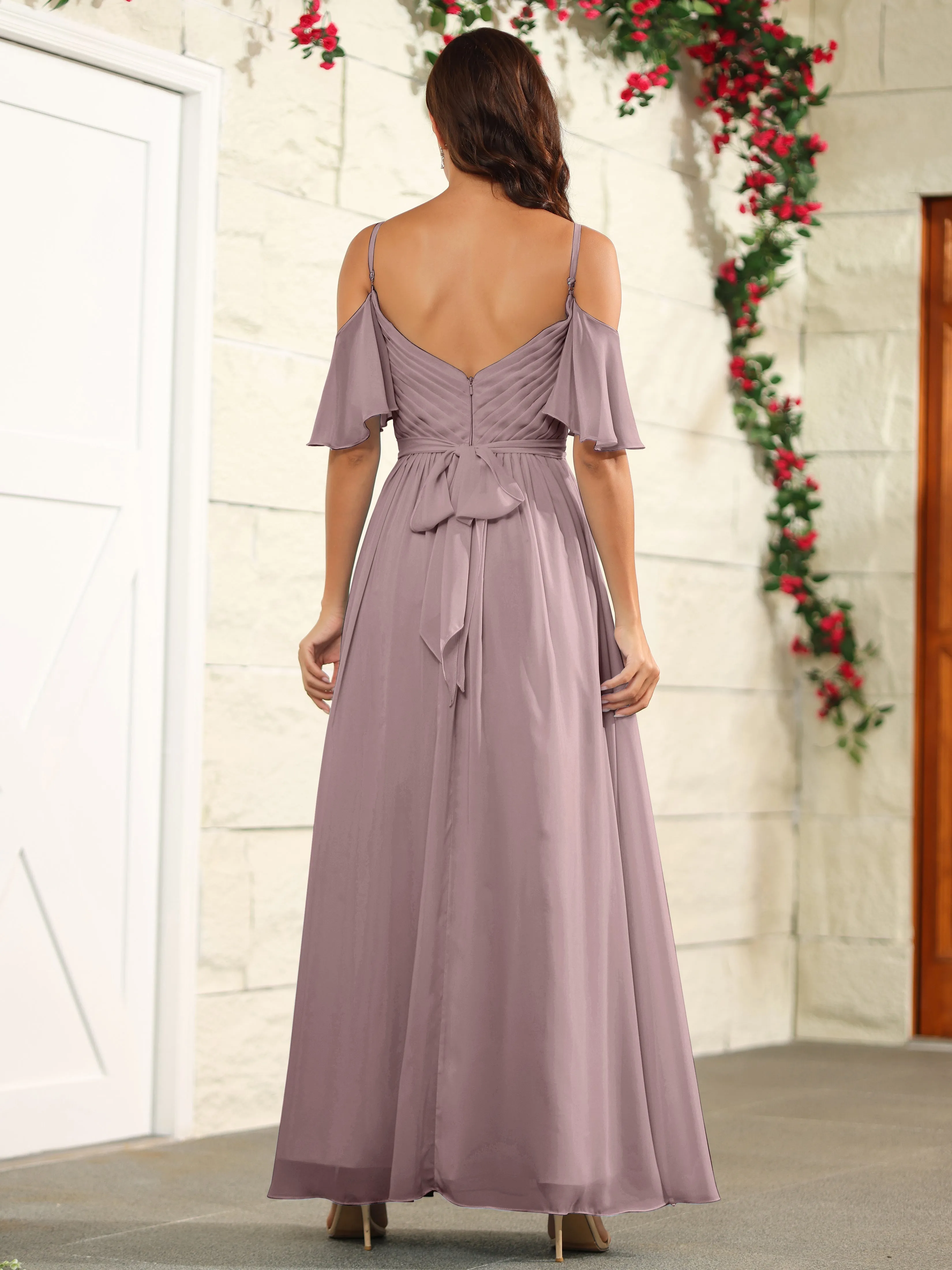 A Line Off The Shoulder Chiffon Long Bridesmaid Dress with Slit