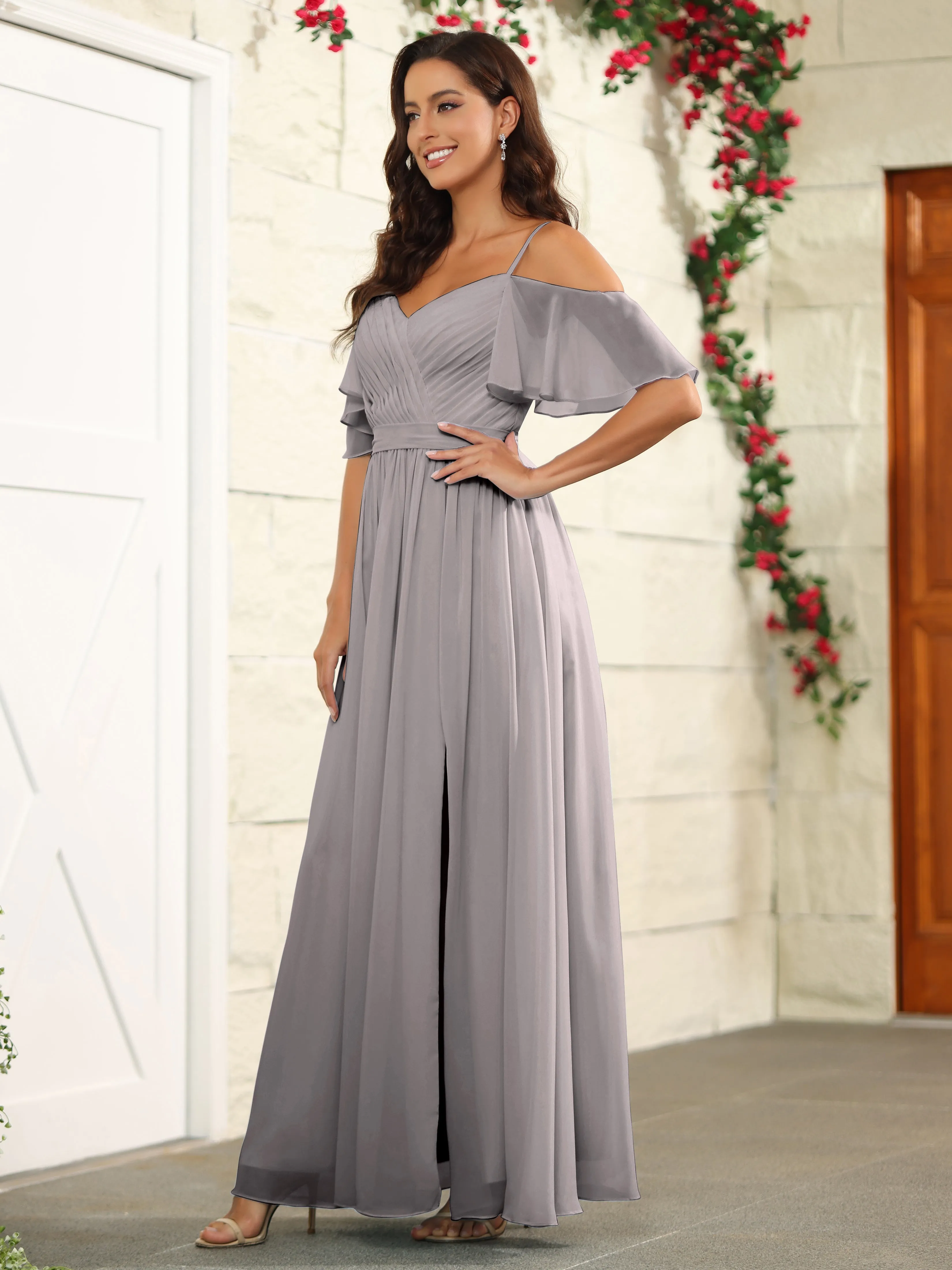 A Line Off The Shoulder Chiffon Long Bridesmaid Dress with Slit