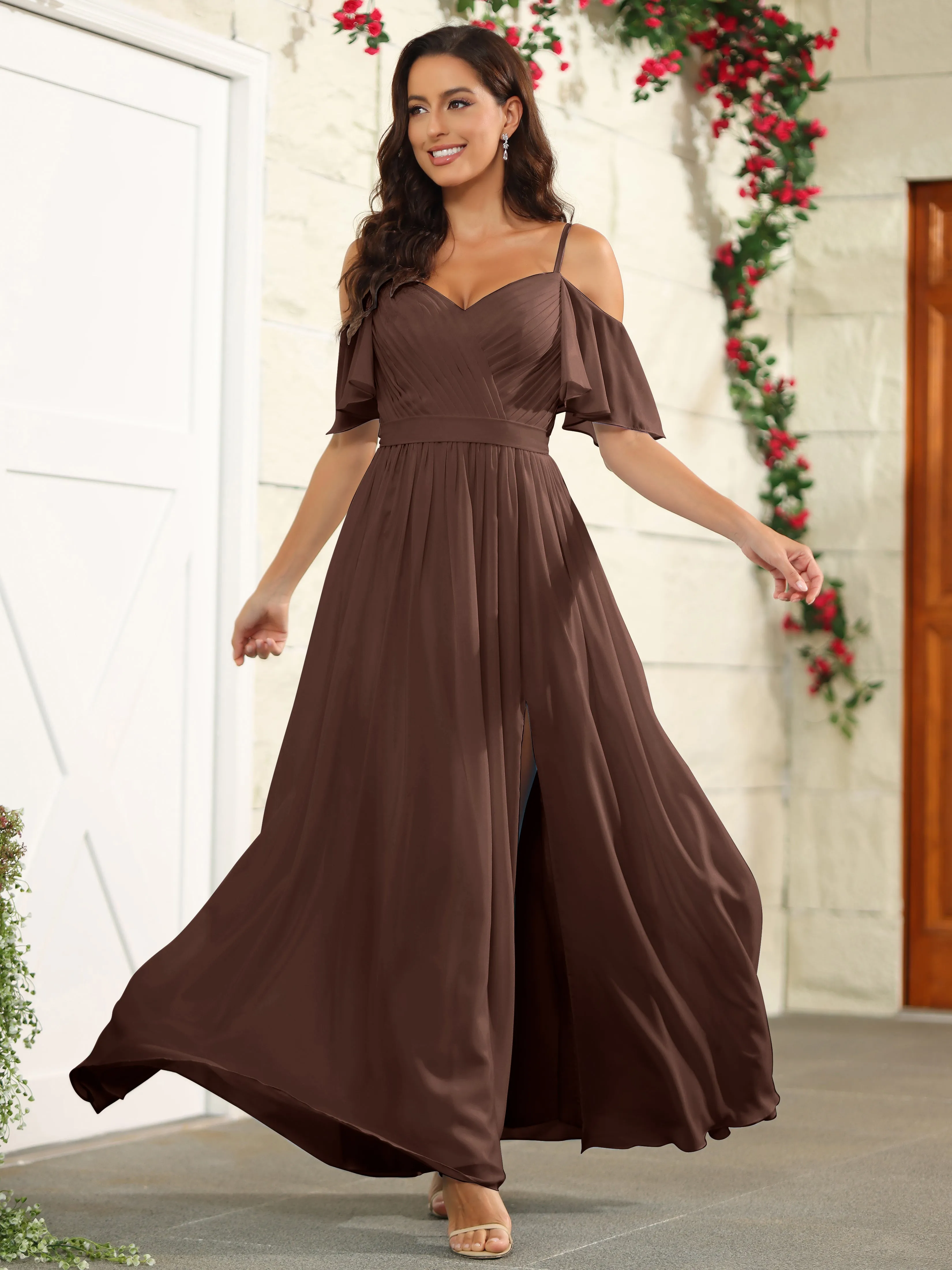 A Line Off The Shoulder Chiffon Long Bridesmaid Dress with Slit