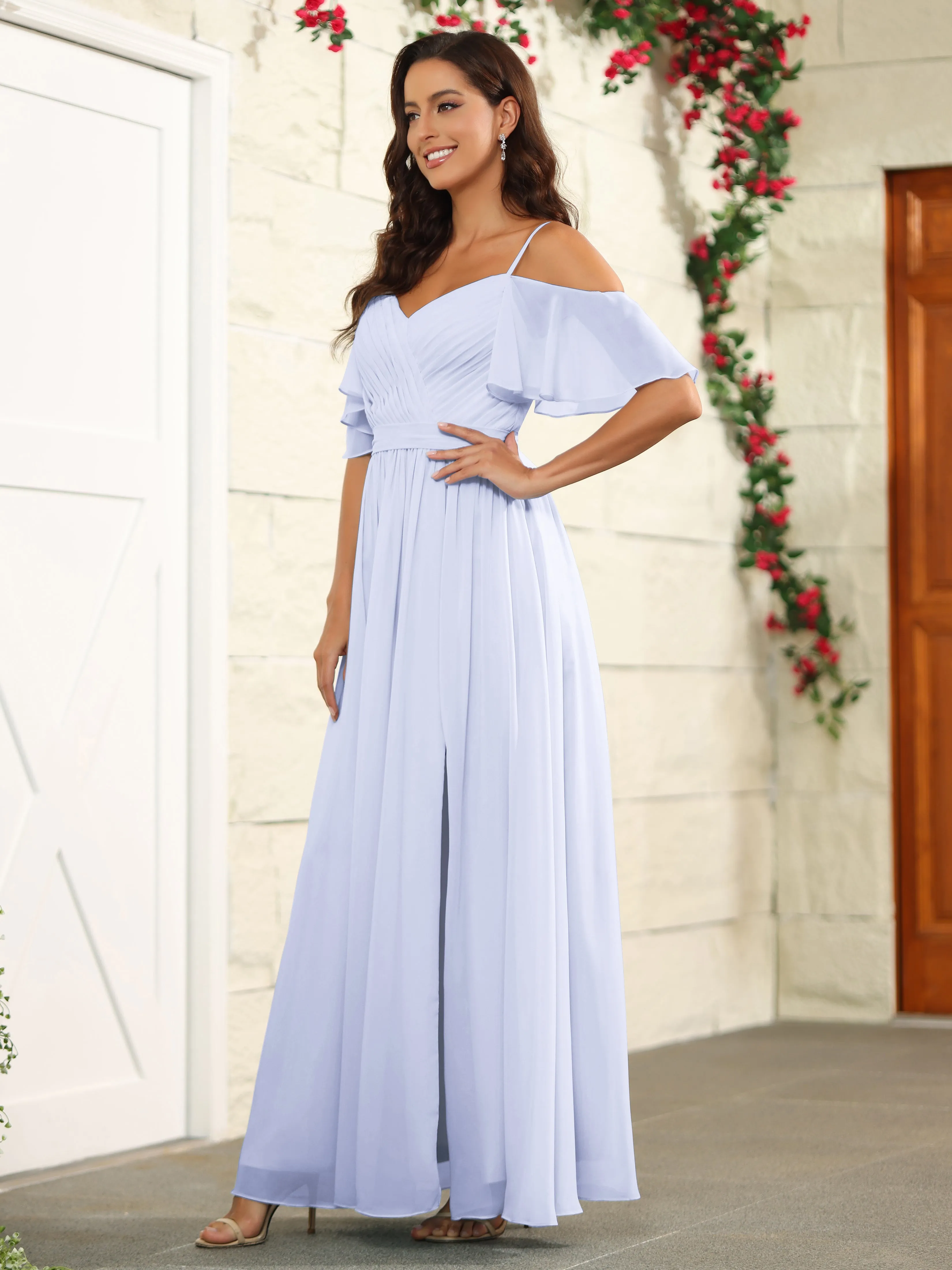 A Line Off The Shoulder Chiffon Long Bridesmaid Dress with Slit