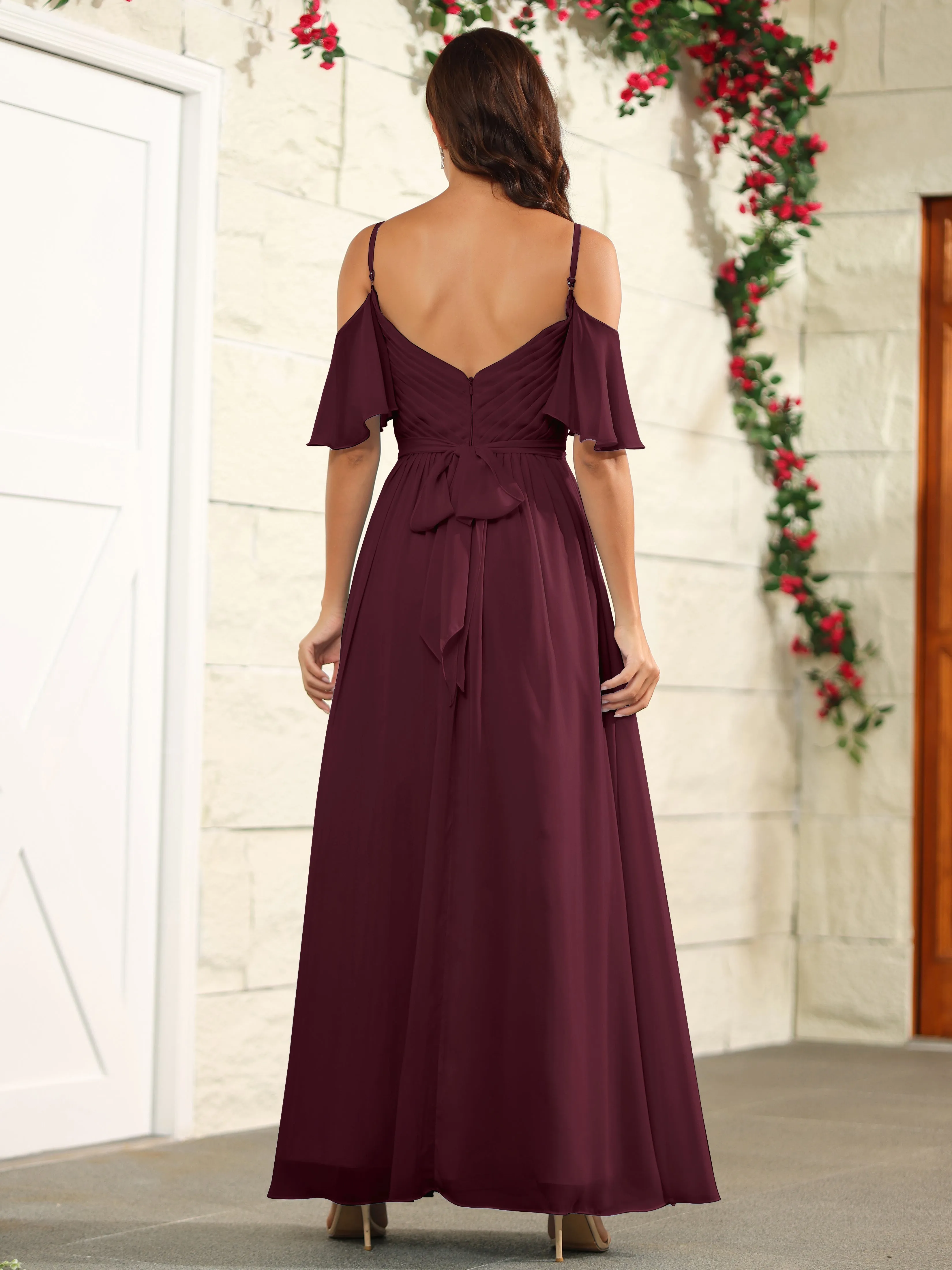 A Line Off The Shoulder Chiffon Long Bridesmaid Dress with Slit