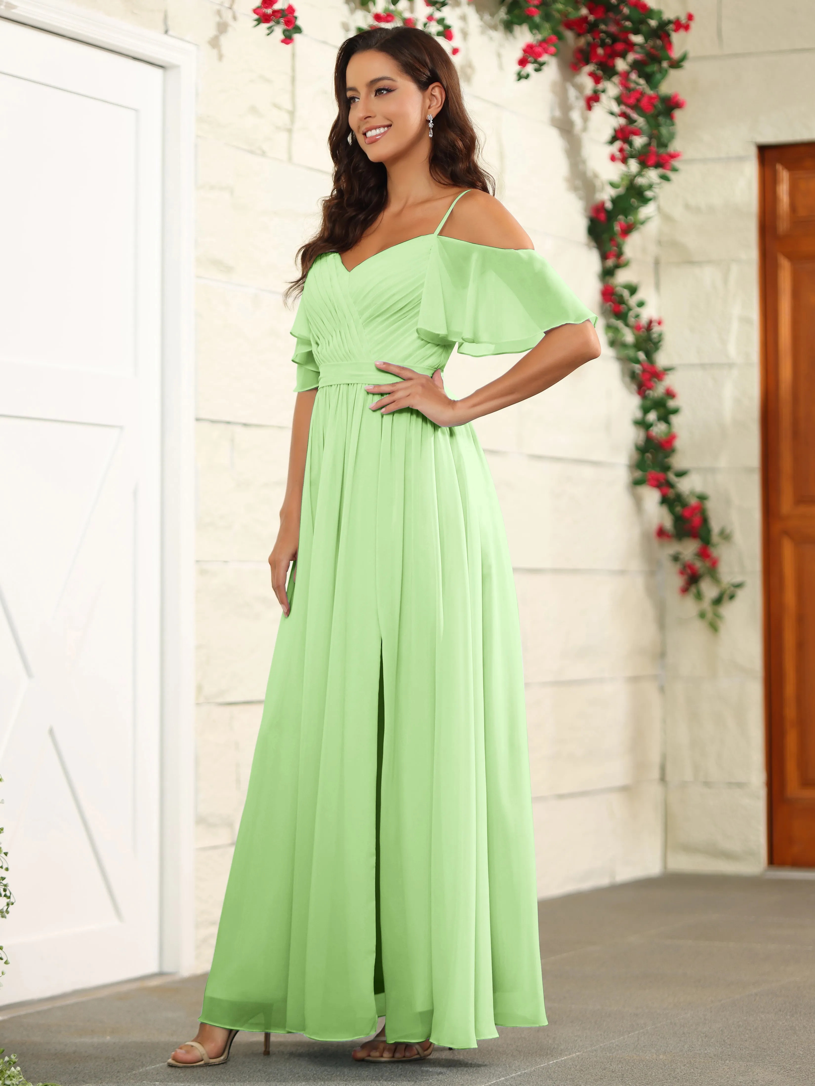 A Line Off The Shoulder Chiffon Long Bridesmaid Dress with Slit