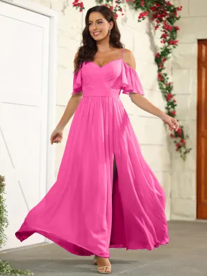 A Line Off The Shoulder Chiffon Long Bridesmaid Dress with Slit