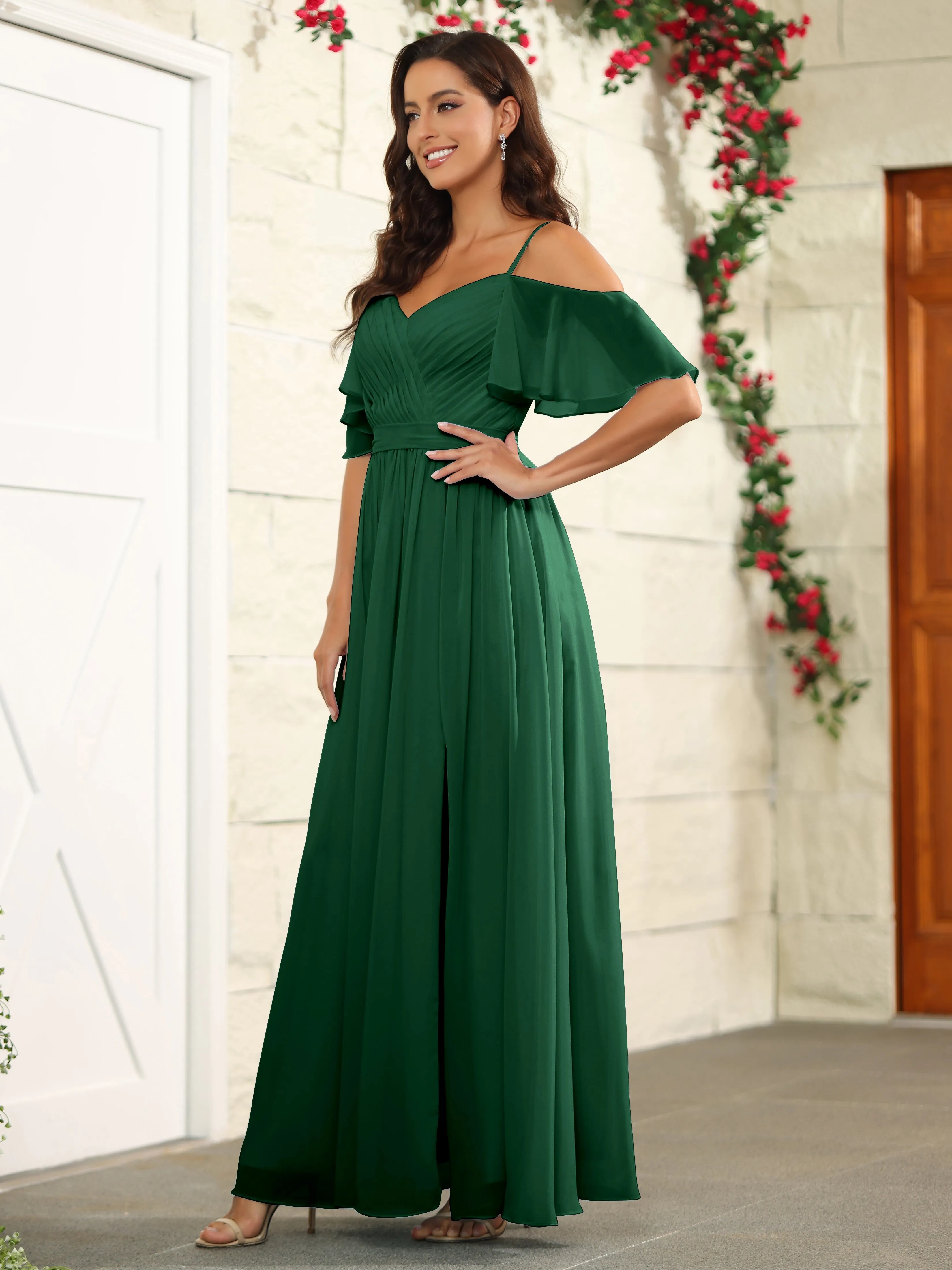 A Line Off The Shoulder Chiffon Long Bridesmaid Dress with Slit