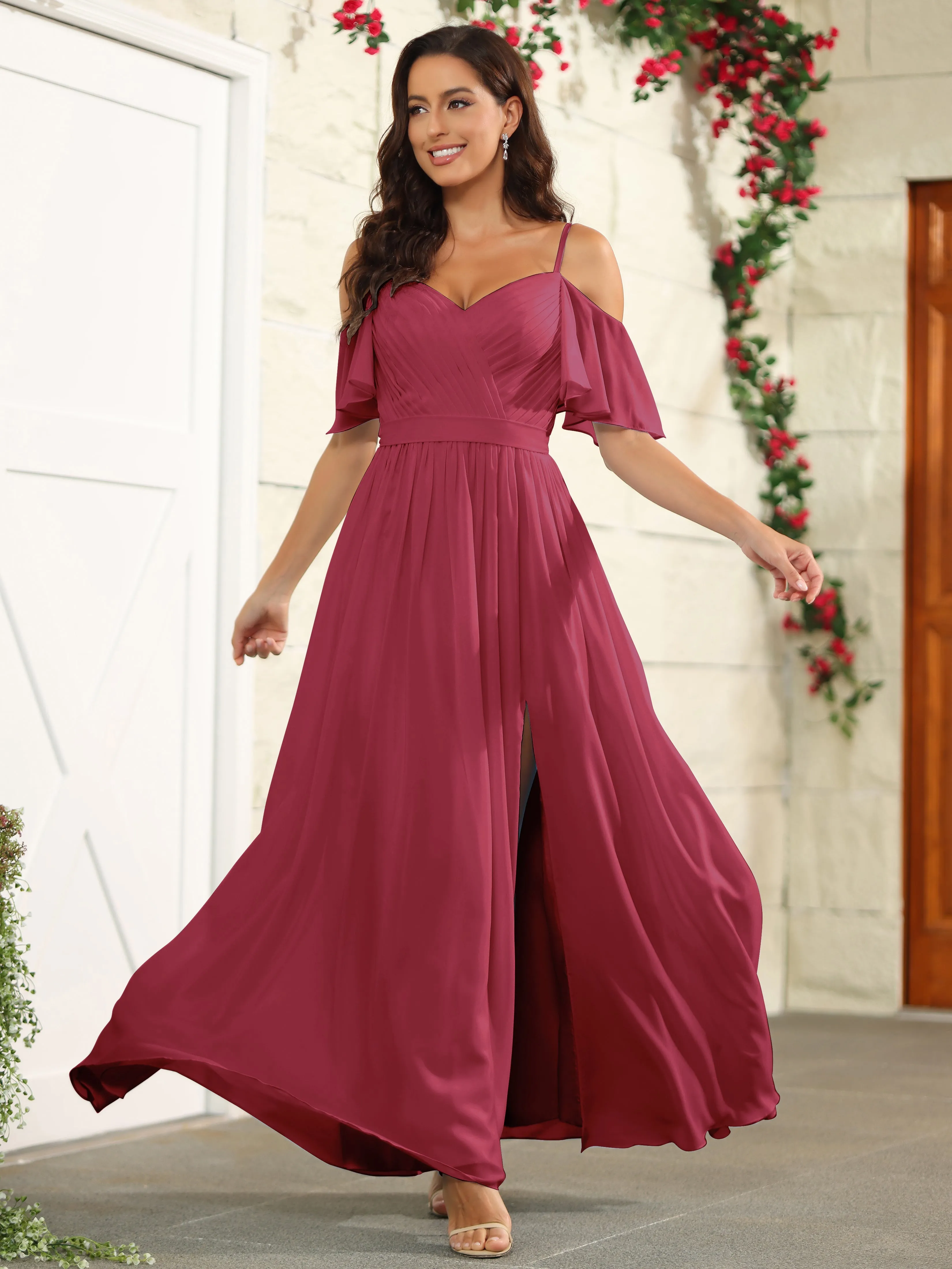 A Line Off The Shoulder Chiffon Long Bridesmaid Dress with Slit