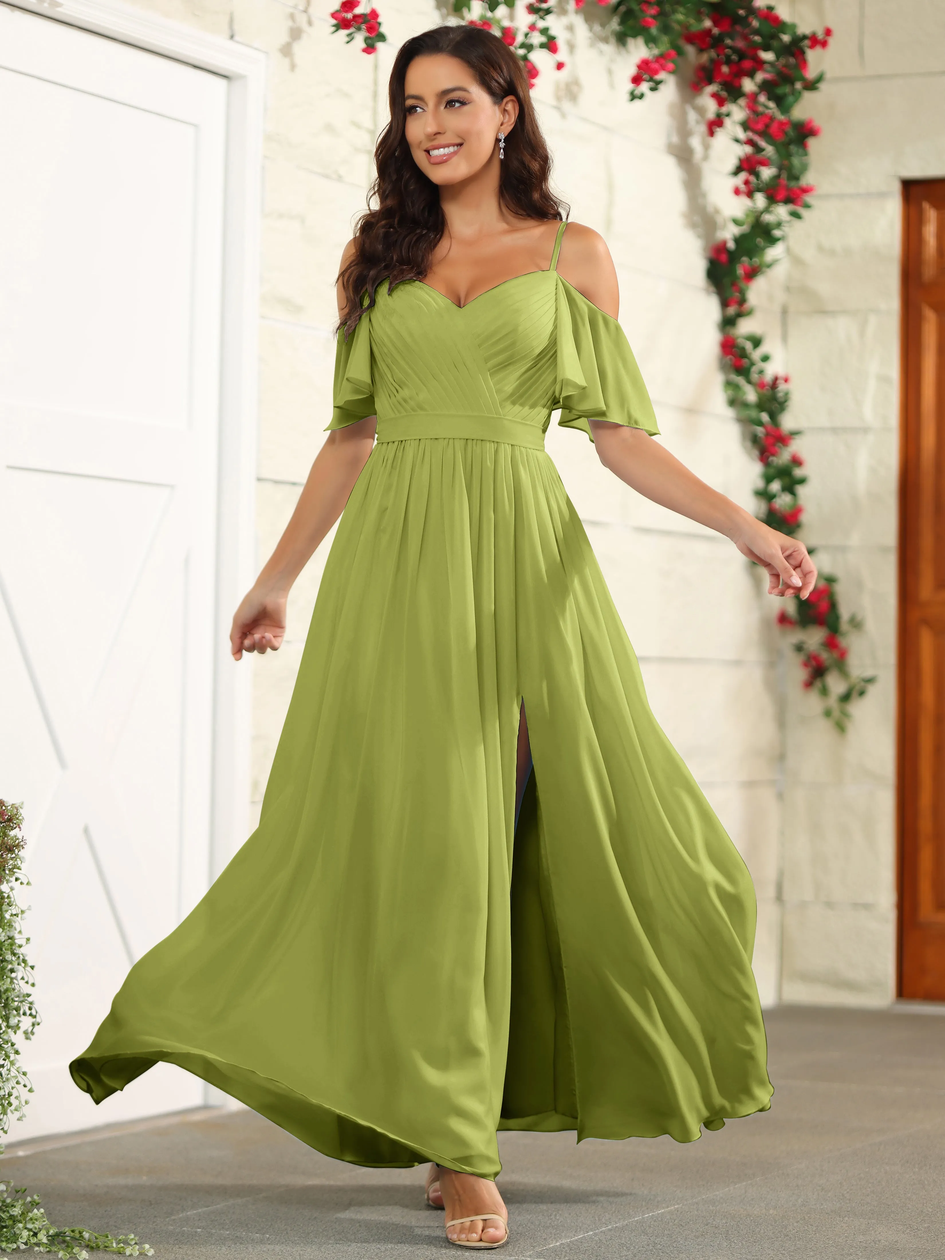 A Line Off The Shoulder Chiffon Long Bridesmaid Dress with Slit