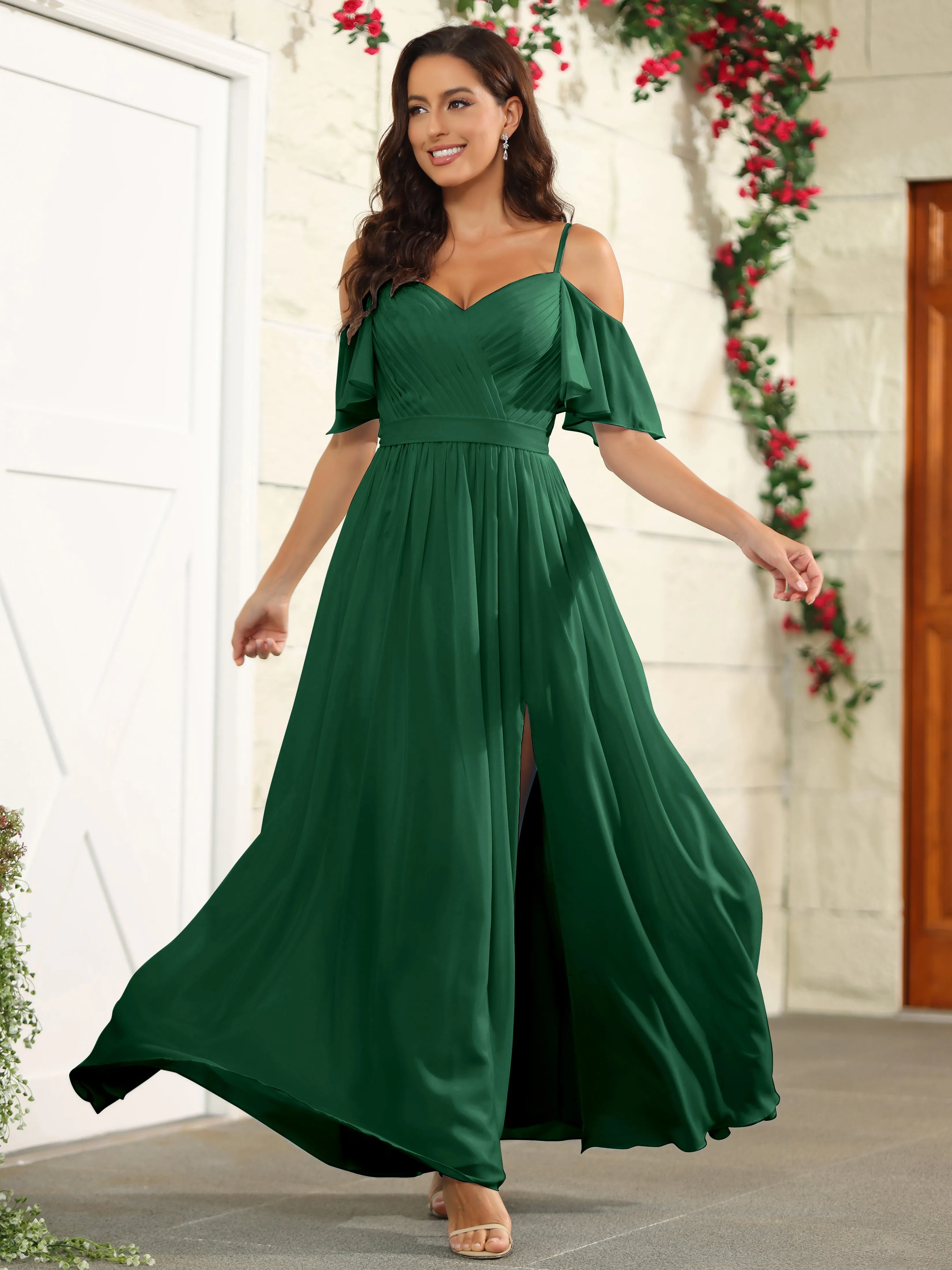 A Line Off The Shoulder Chiffon Long Bridesmaid Dress with Slit