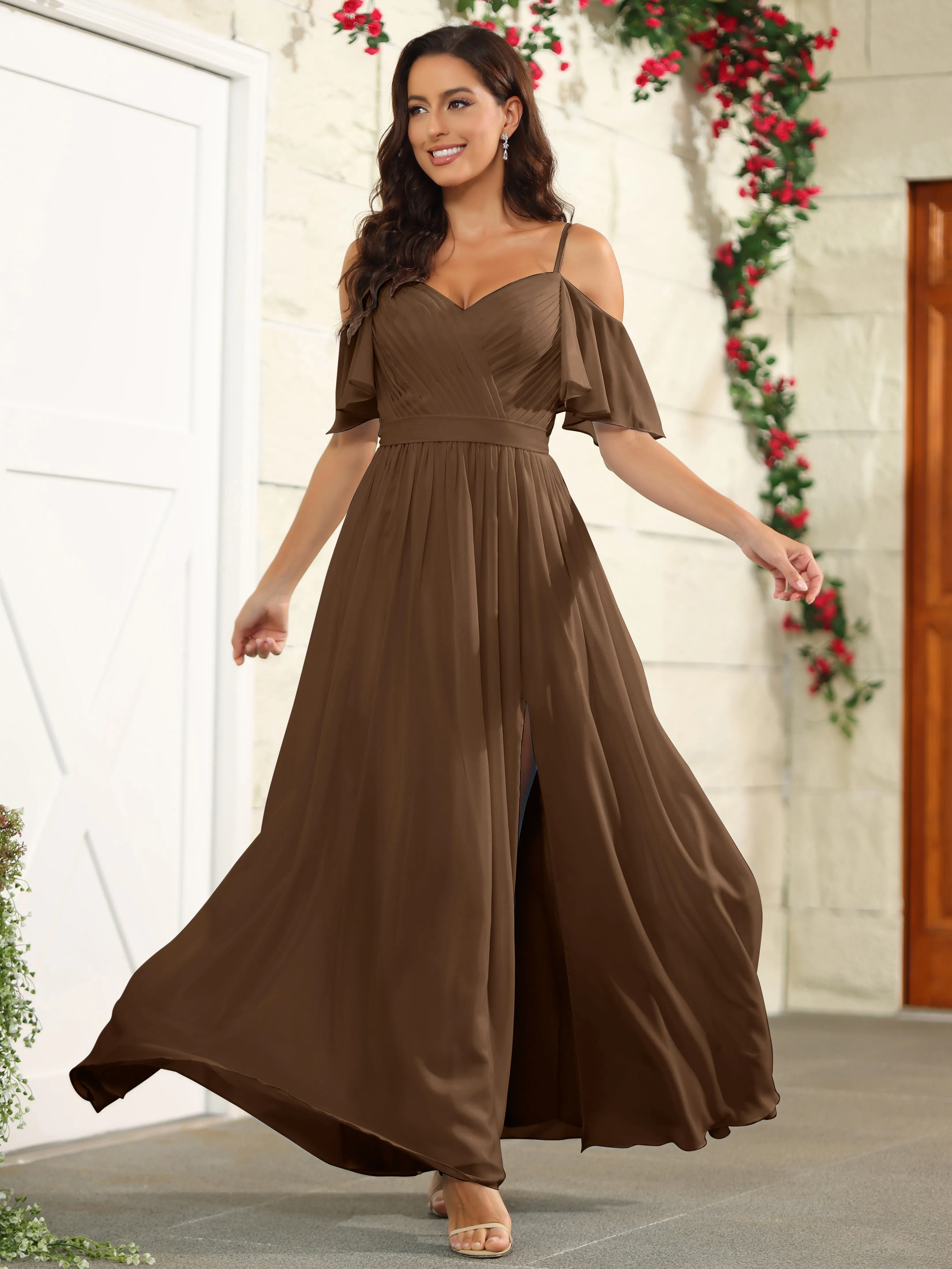 A Line Off The Shoulder Chiffon Long Bridesmaid Dress with Slit