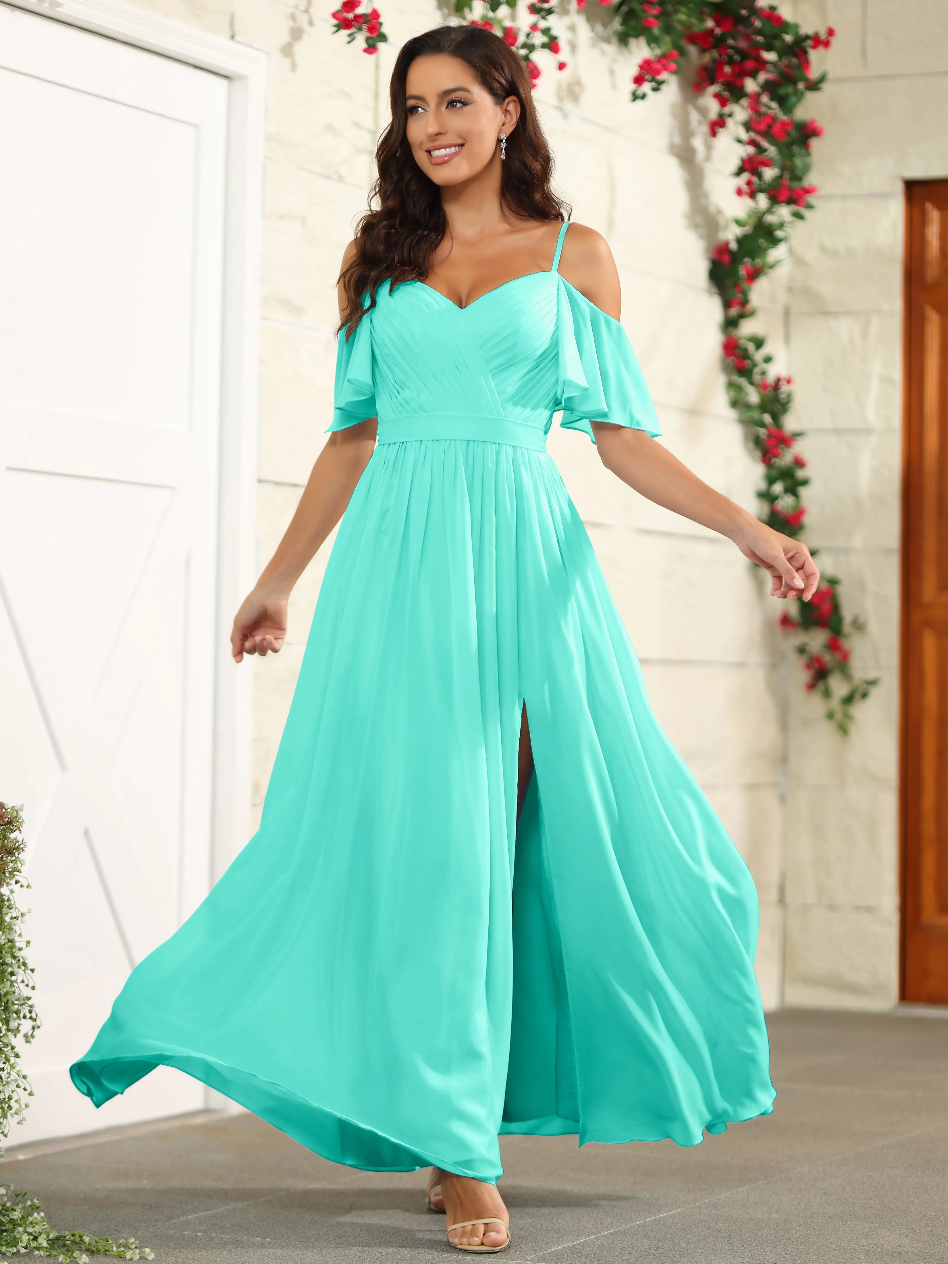 A Line Off The Shoulder Chiffon Long Bridesmaid Dress with Slit