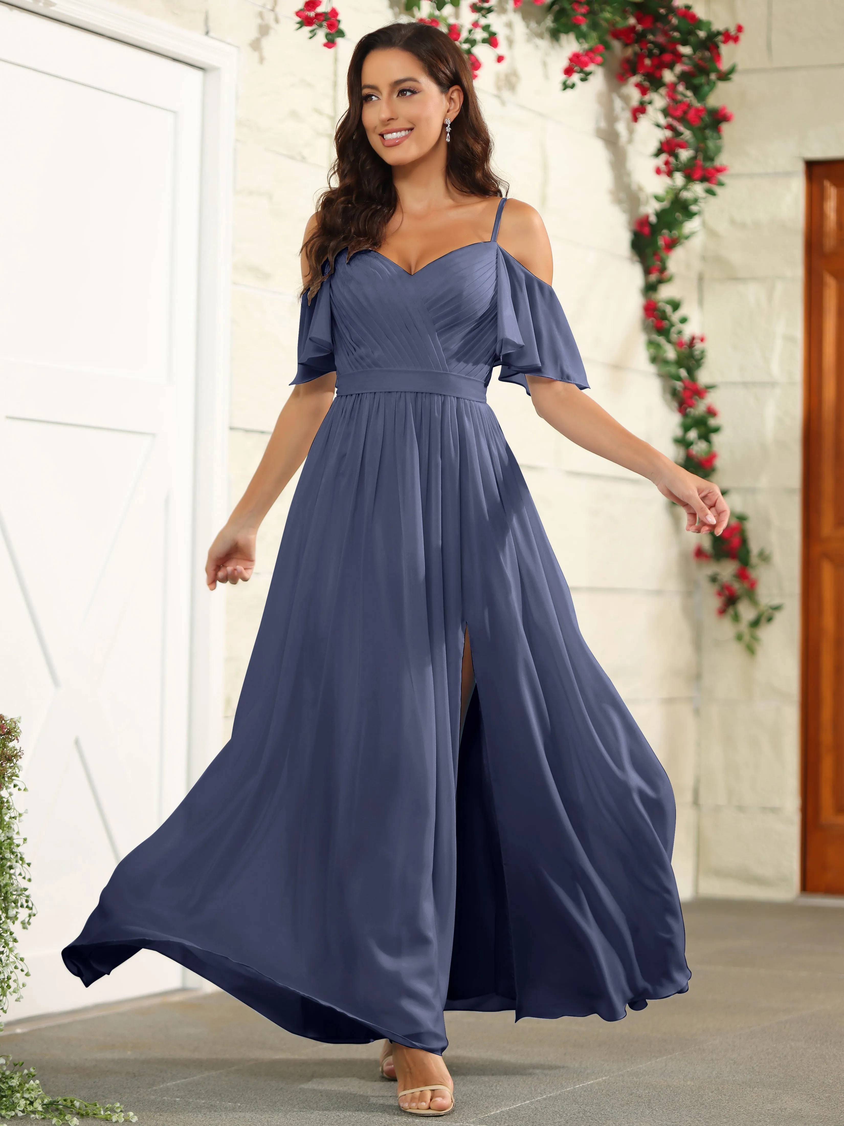 A Line Off The Shoulder Chiffon Long Bridesmaid Dress with Slit