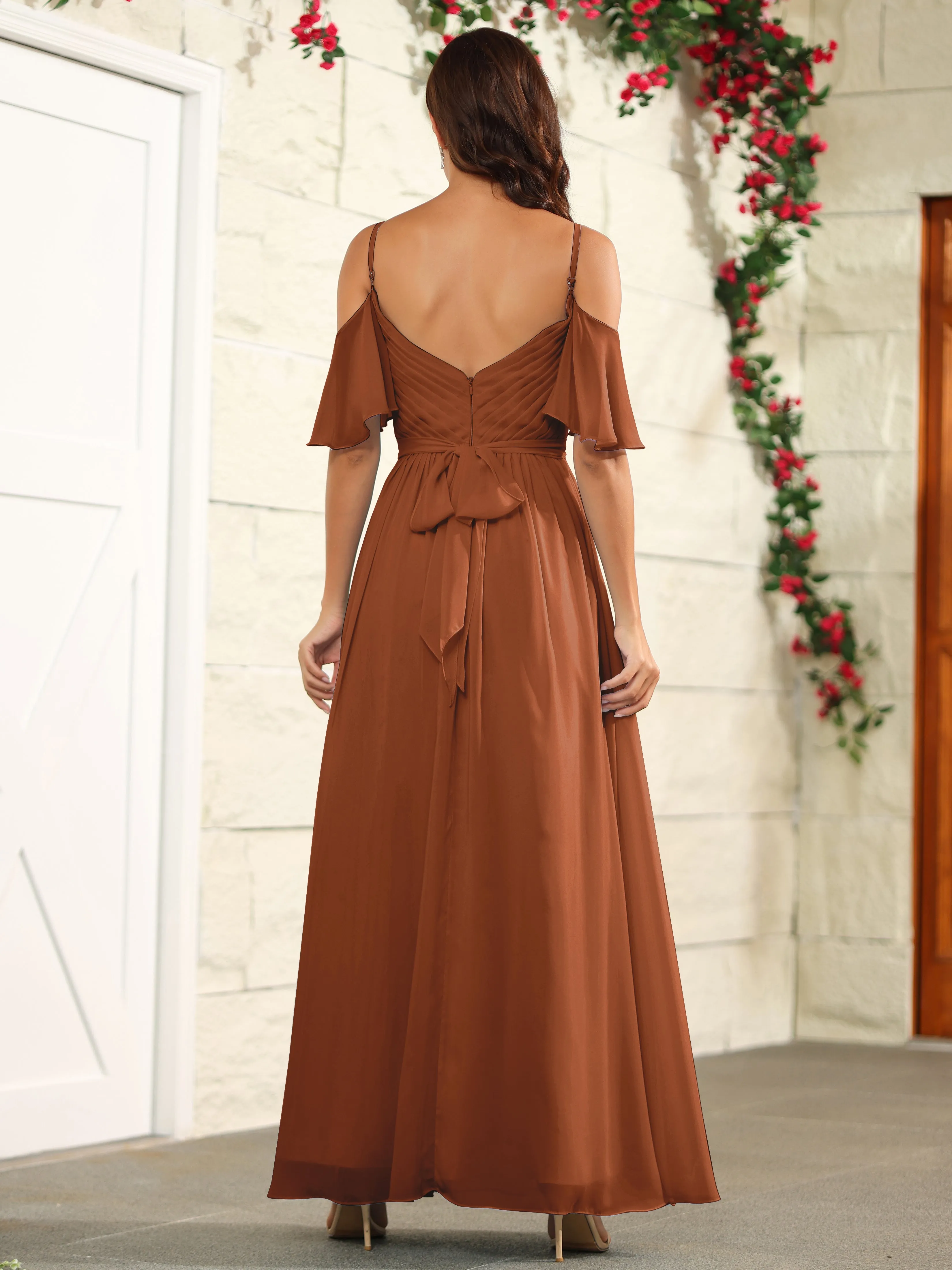 A Line Off The Shoulder Chiffon Long Bridesmaid Dress with Slit