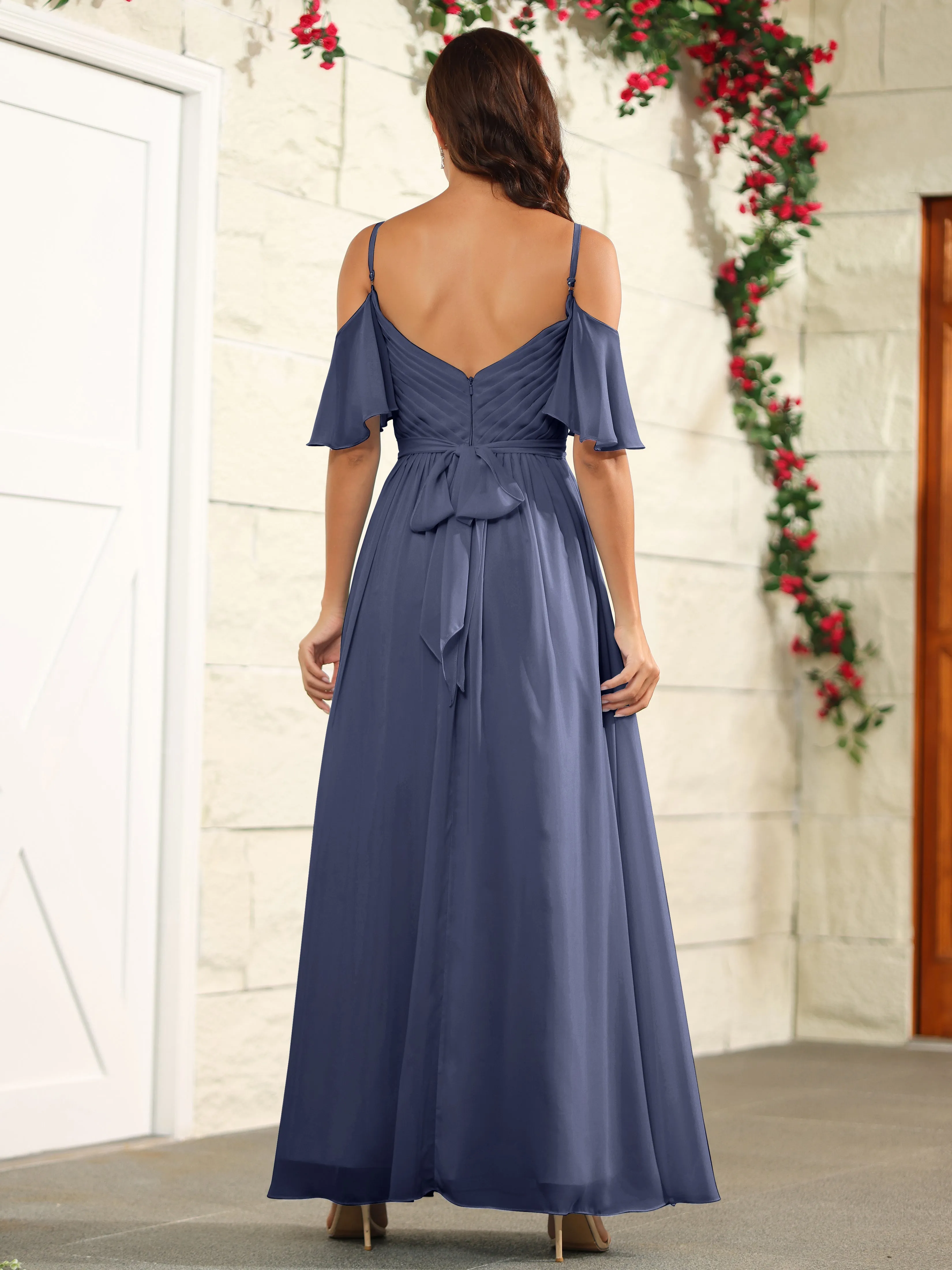 A Line Off The Shoulder Chiffon Long Bridesmaid Dress with Slit