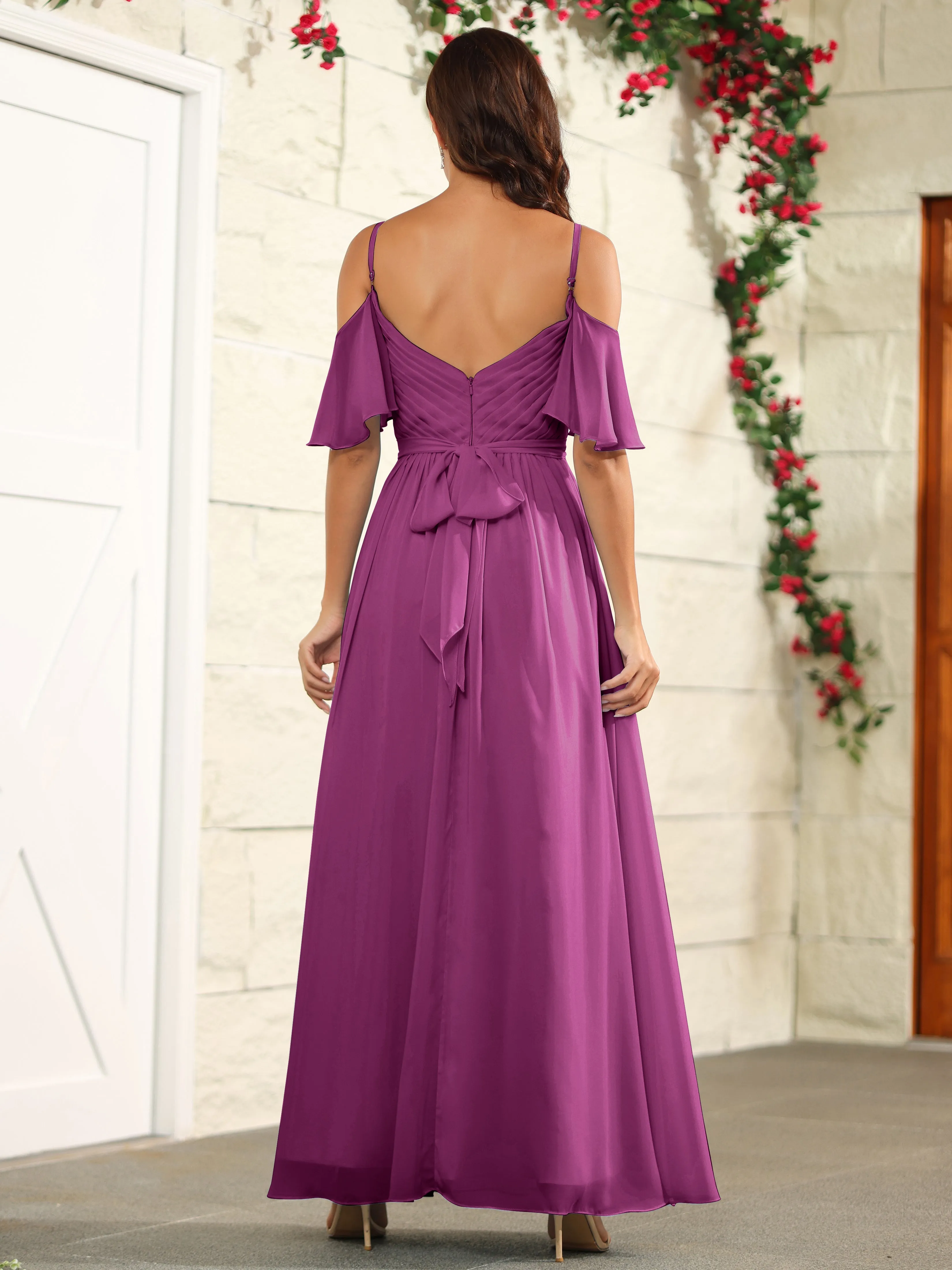 A Line Off The Shoulder Chiffon Long Bridesmaid Dress with Slit