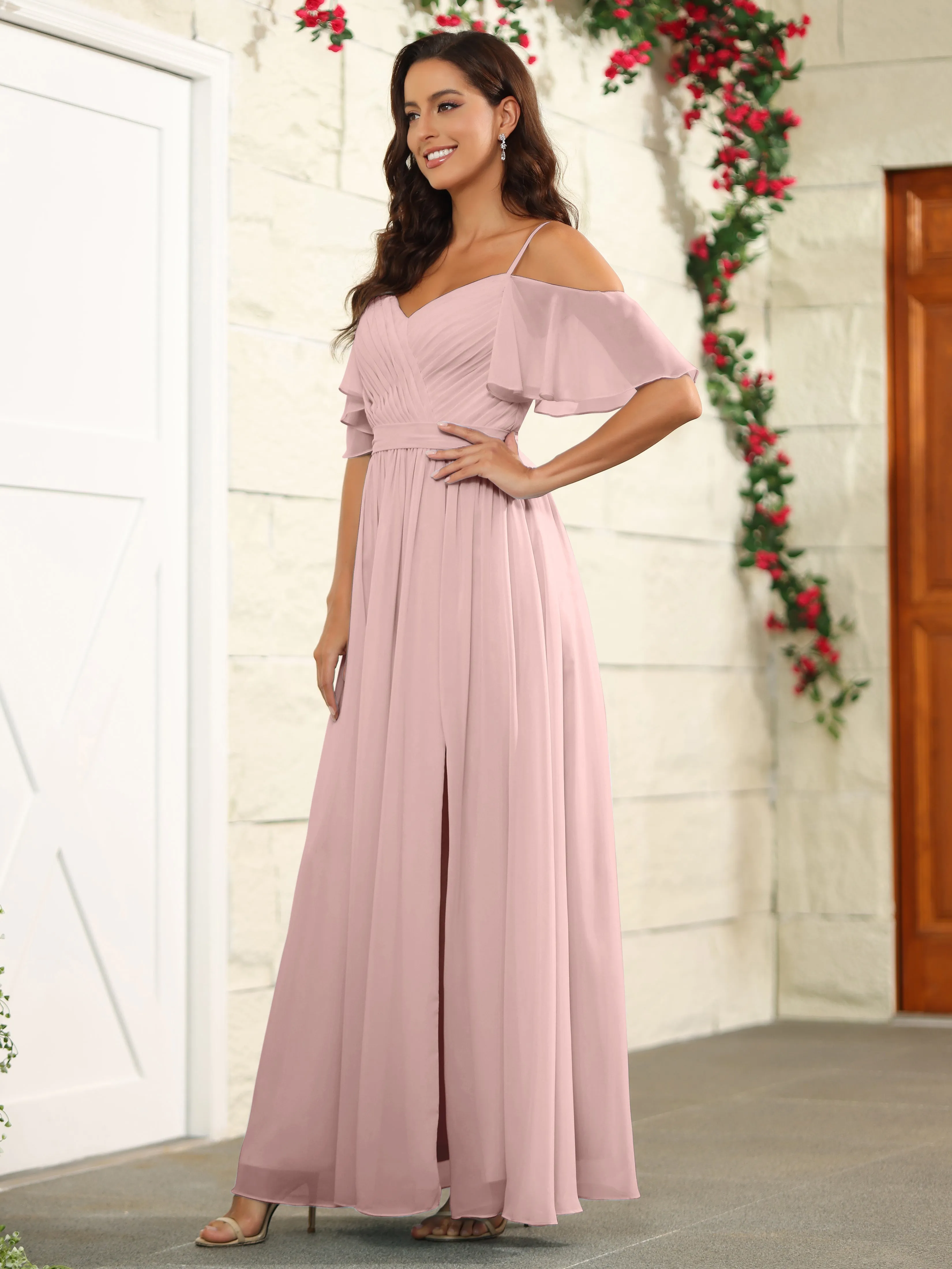 A Line Off The Shoulder Chiffon Long Bridesmaid Dress with Slit