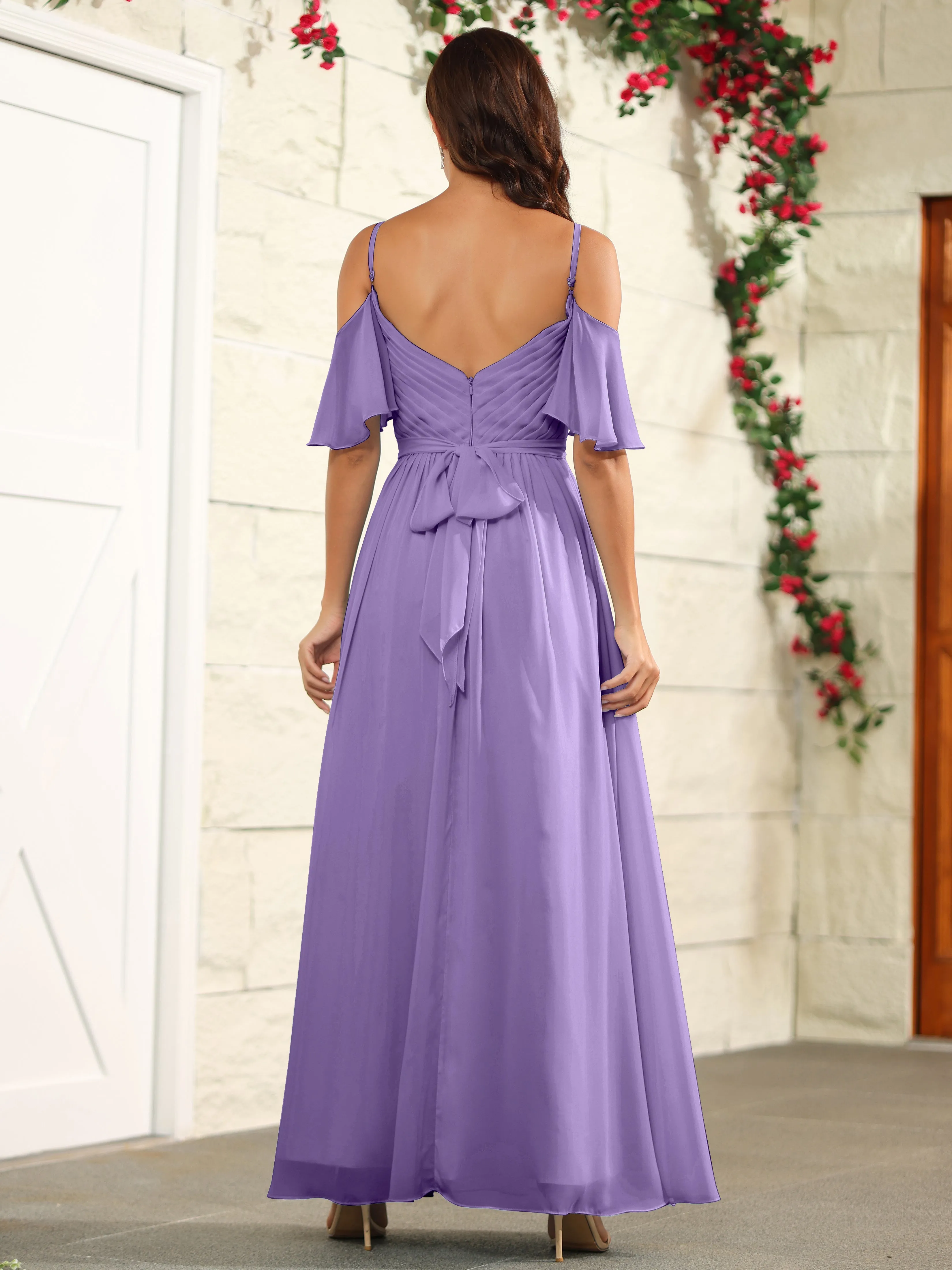 A Line Off The Shoulder Chiffon Long Bridesmaid Dress with Slit