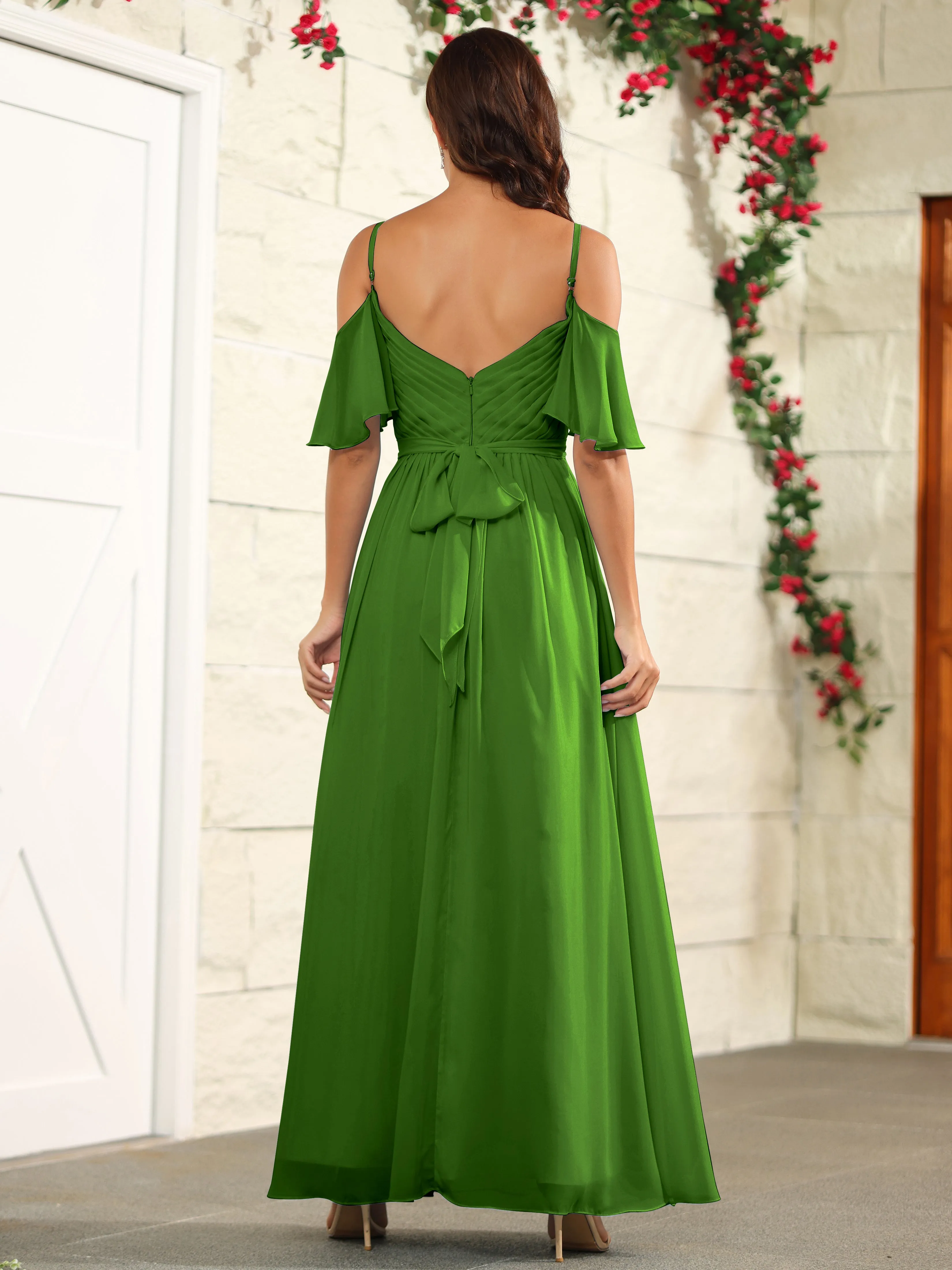 A Line Off The Shoulder Chiffon Long Bridesmaid Dress with Slit