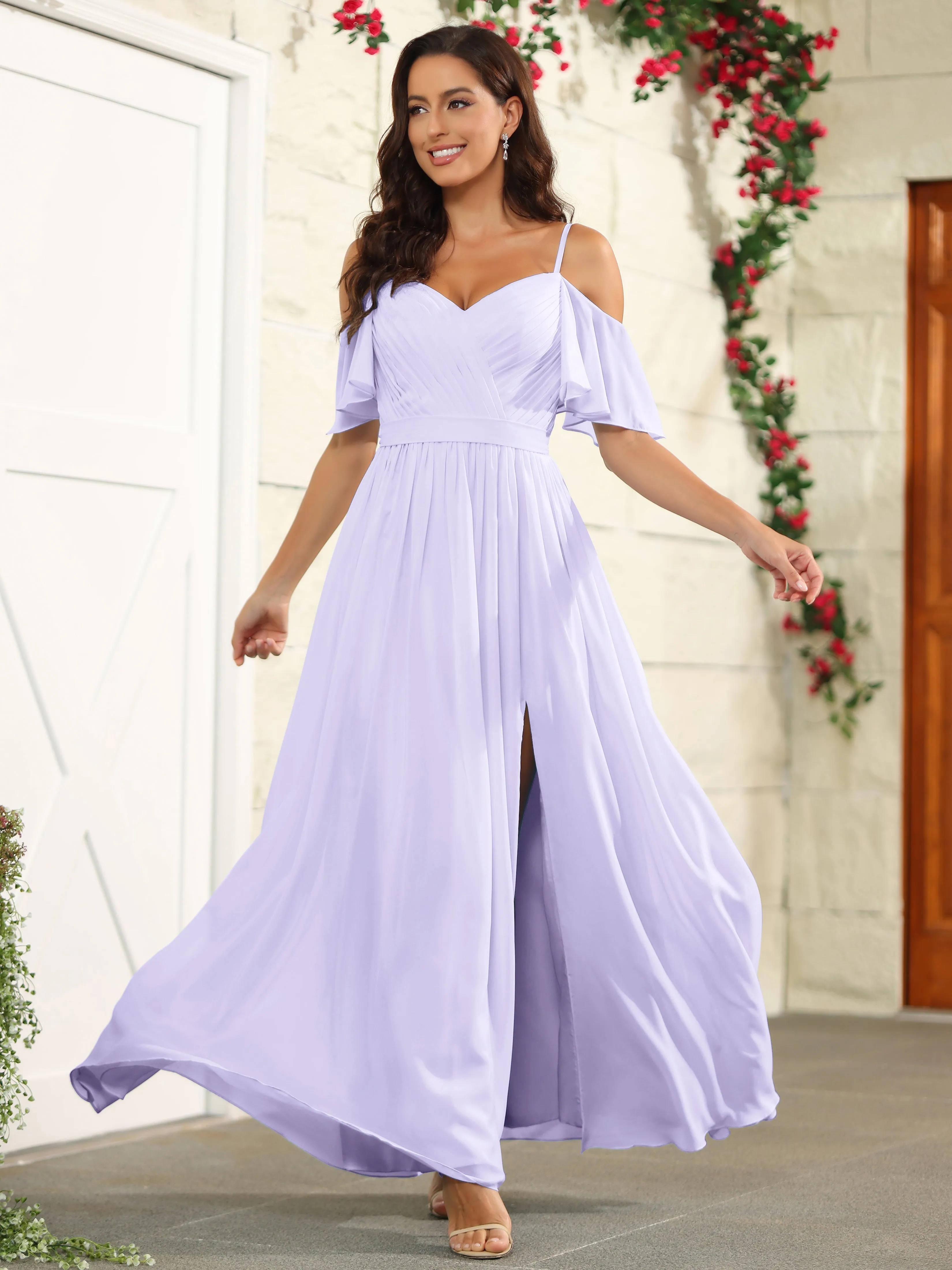 A Line Off The Shoulder Chiffon Long Bridesmaid Dress with Slit