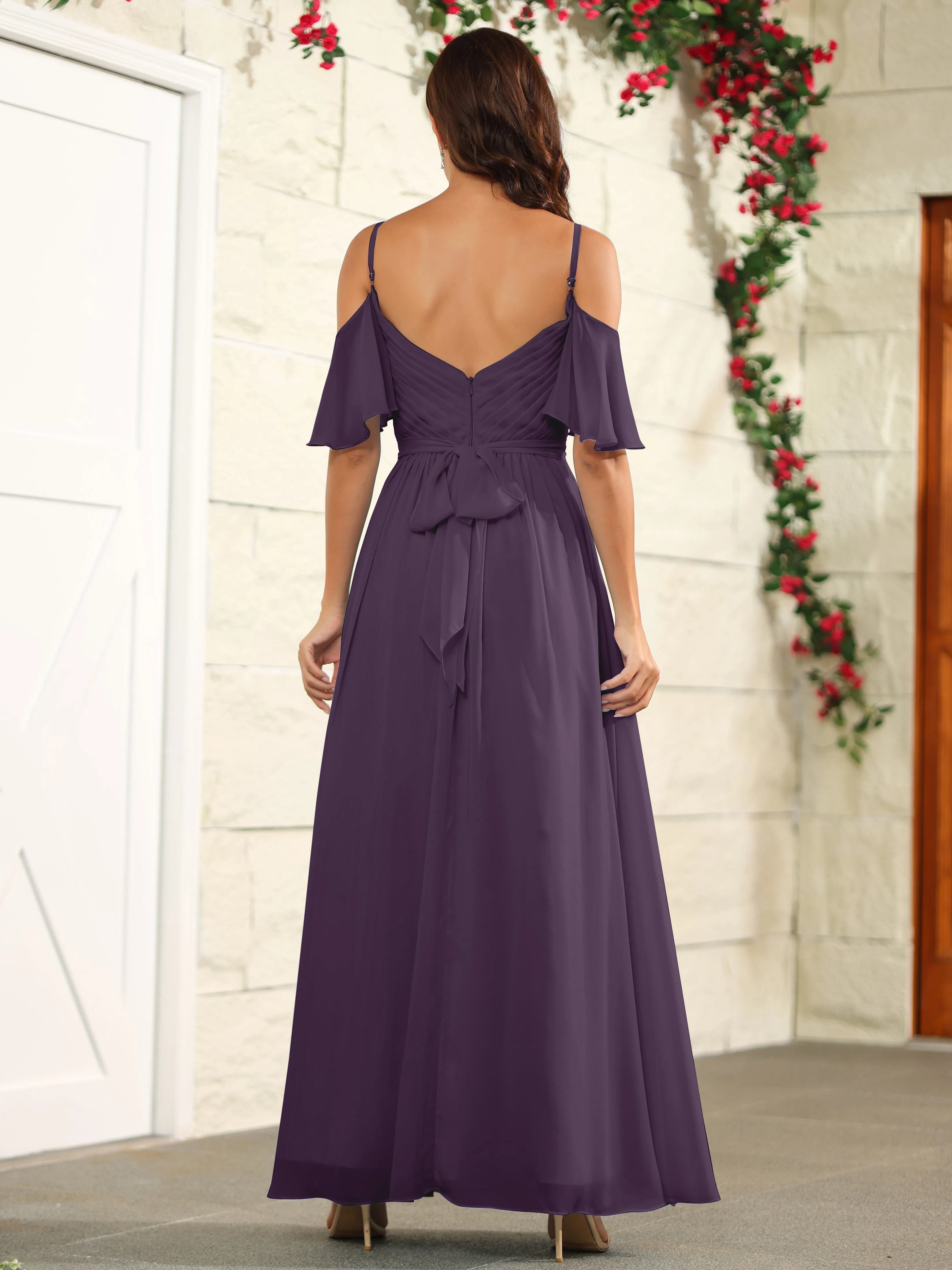 A Line Off The Shoulder Chiffon Long Bridesmaid Dress with Slit