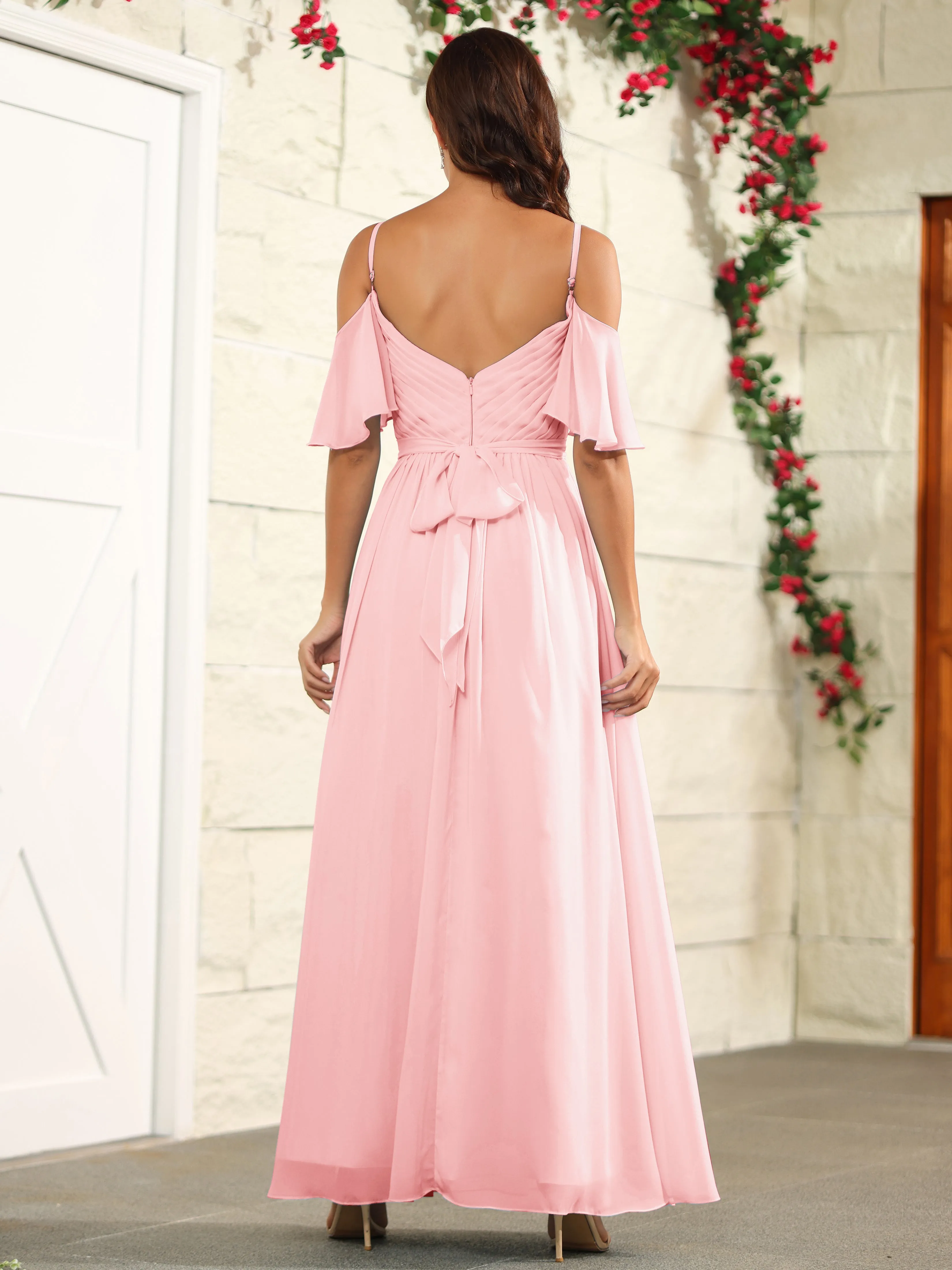 A Line Off The Shoulder Chiffon Long Bridesmaid Dress with Slit
