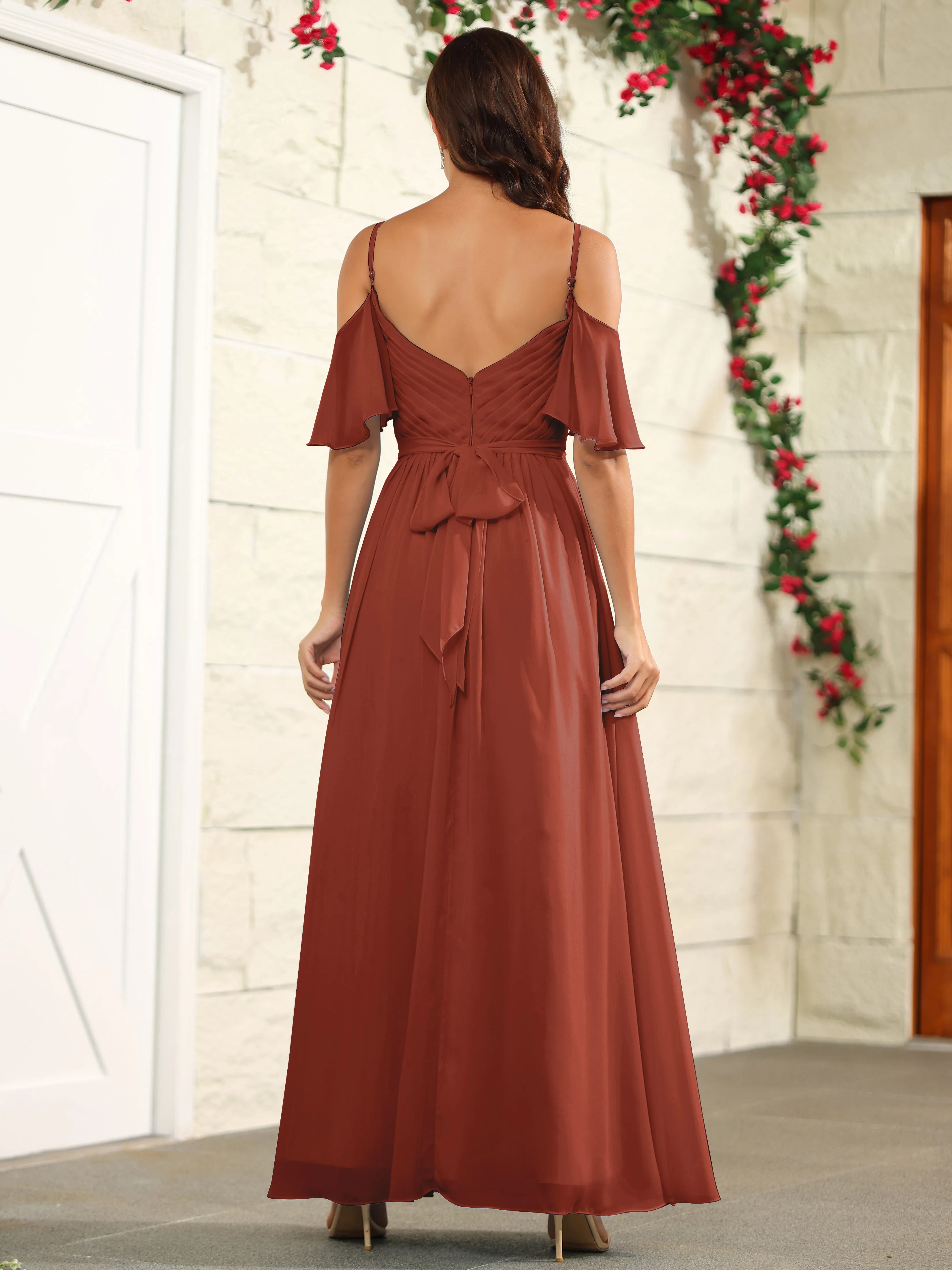 A Line Off The Shoulder Chiffon Long Bridesmaid Dress with Slit