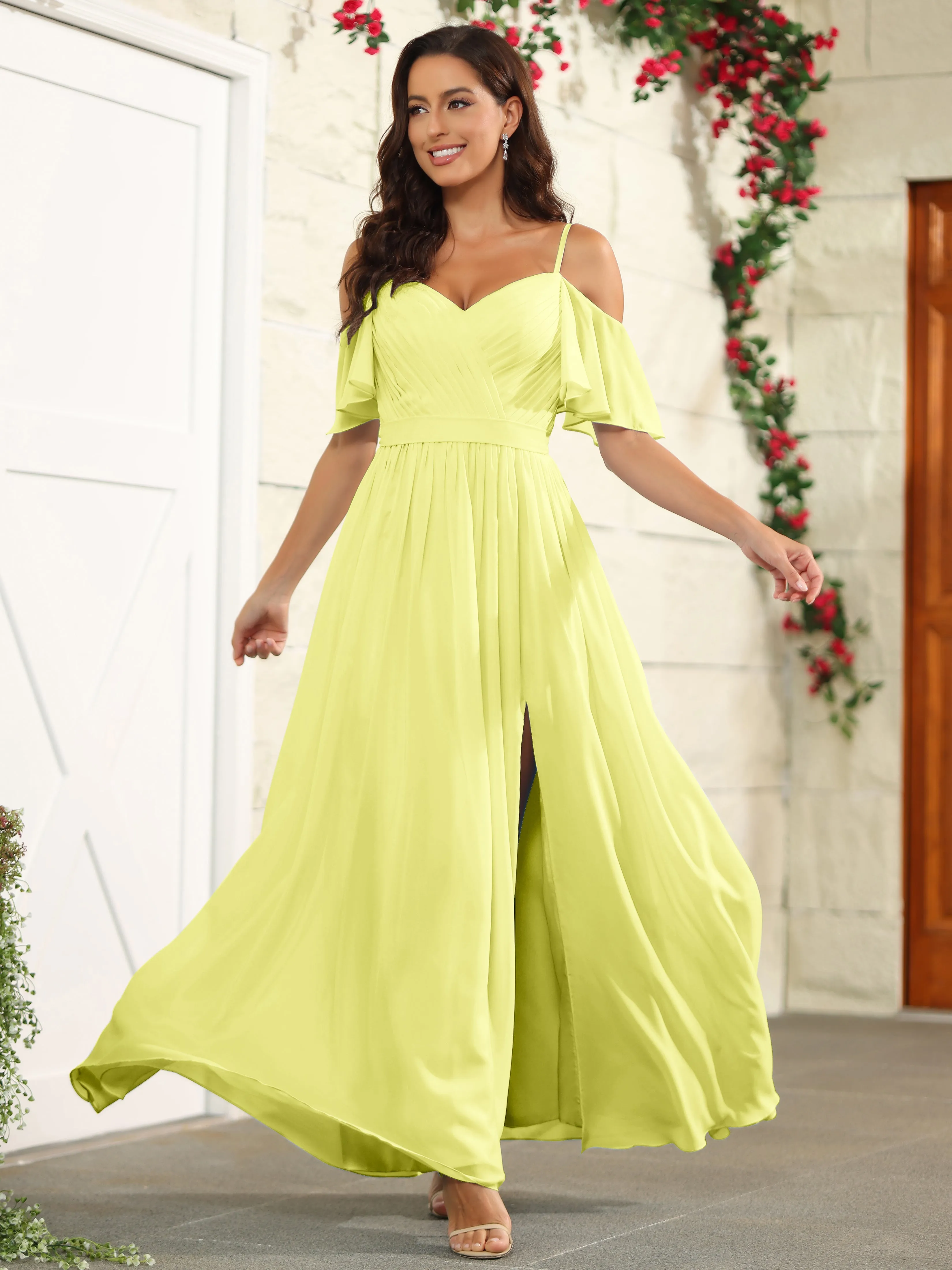 A Line Off The Shoulder Chiffon Long Bridesmaid Dress with Slit