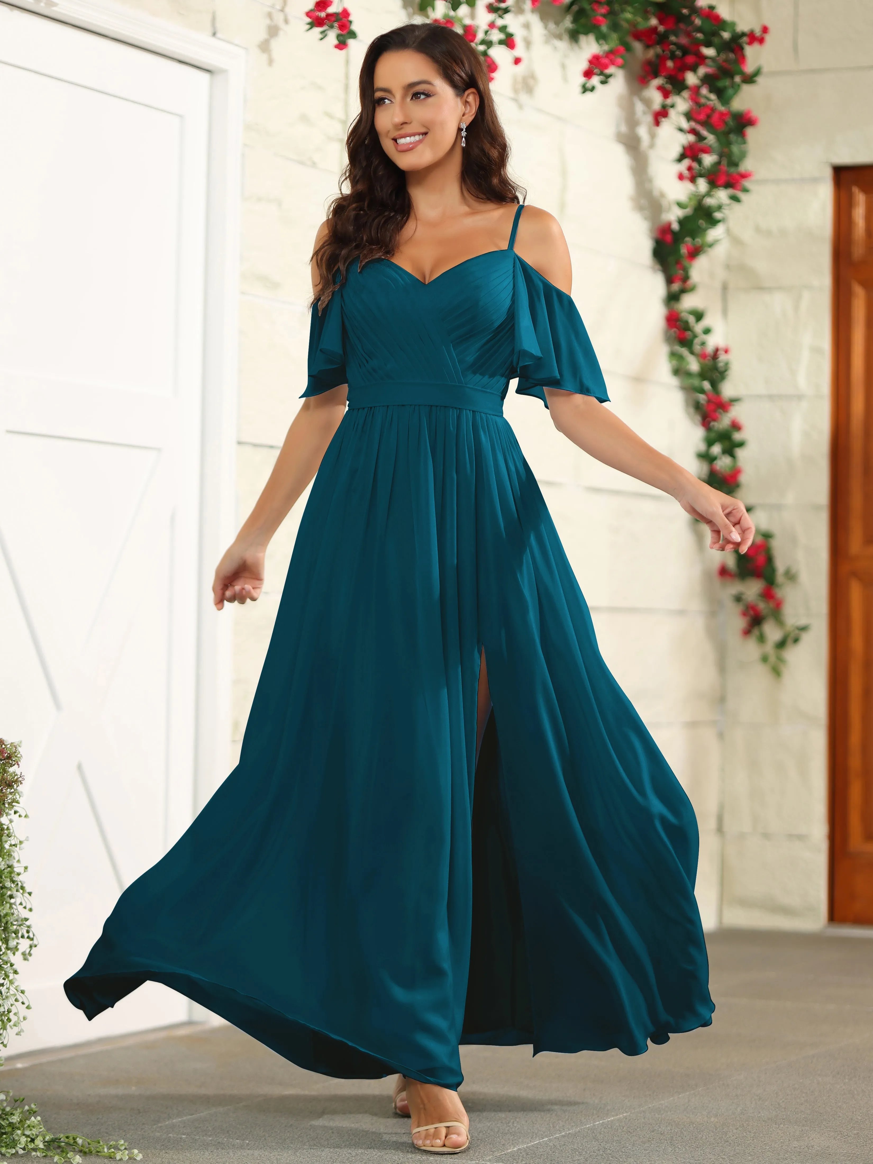 A Line Off The Shoulder Chiffon Long Bridesmaid Dress with Slit