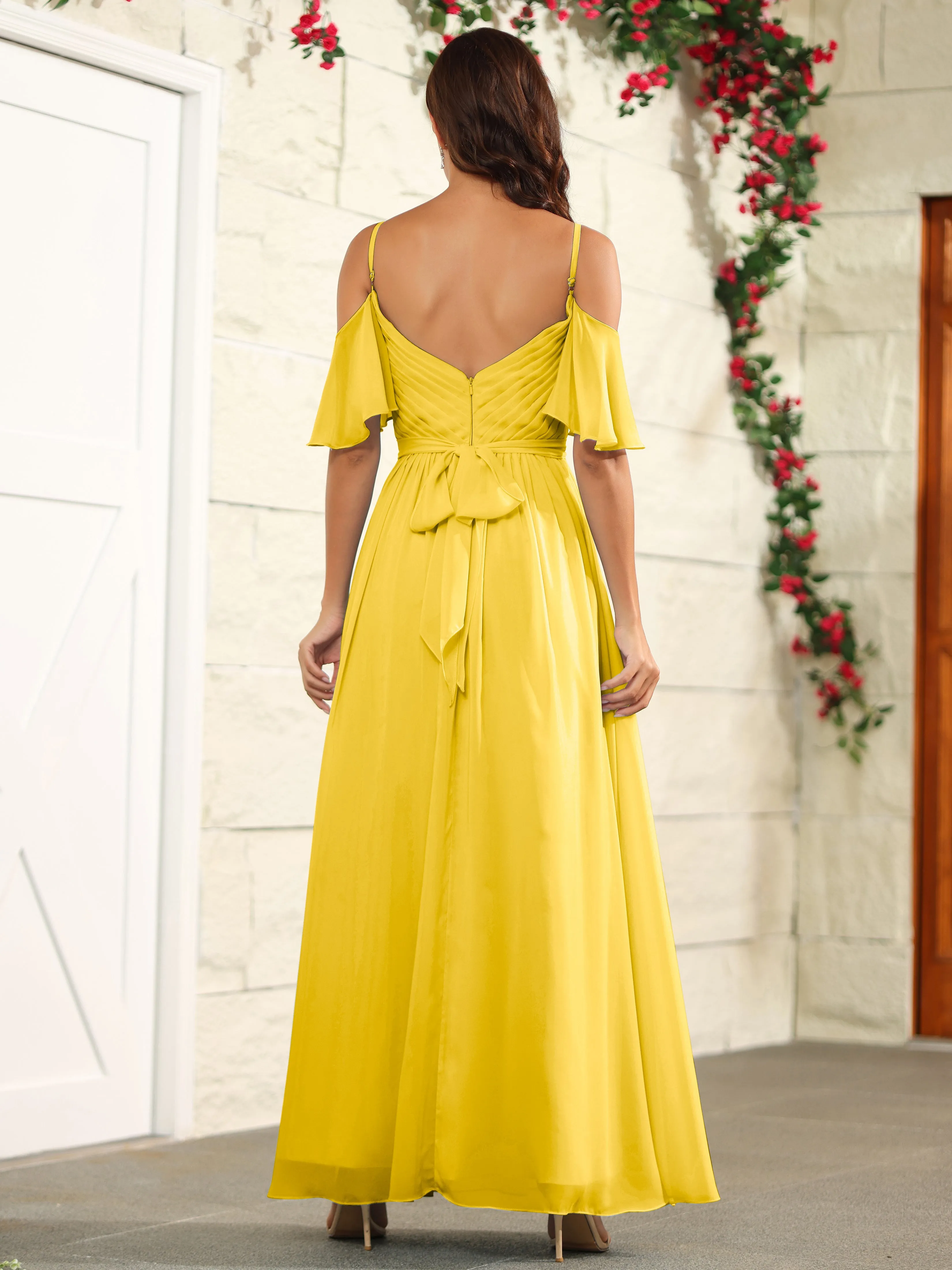 A Line Off The Shoulder Chiffon Long Bridesmaid Dress with Slit